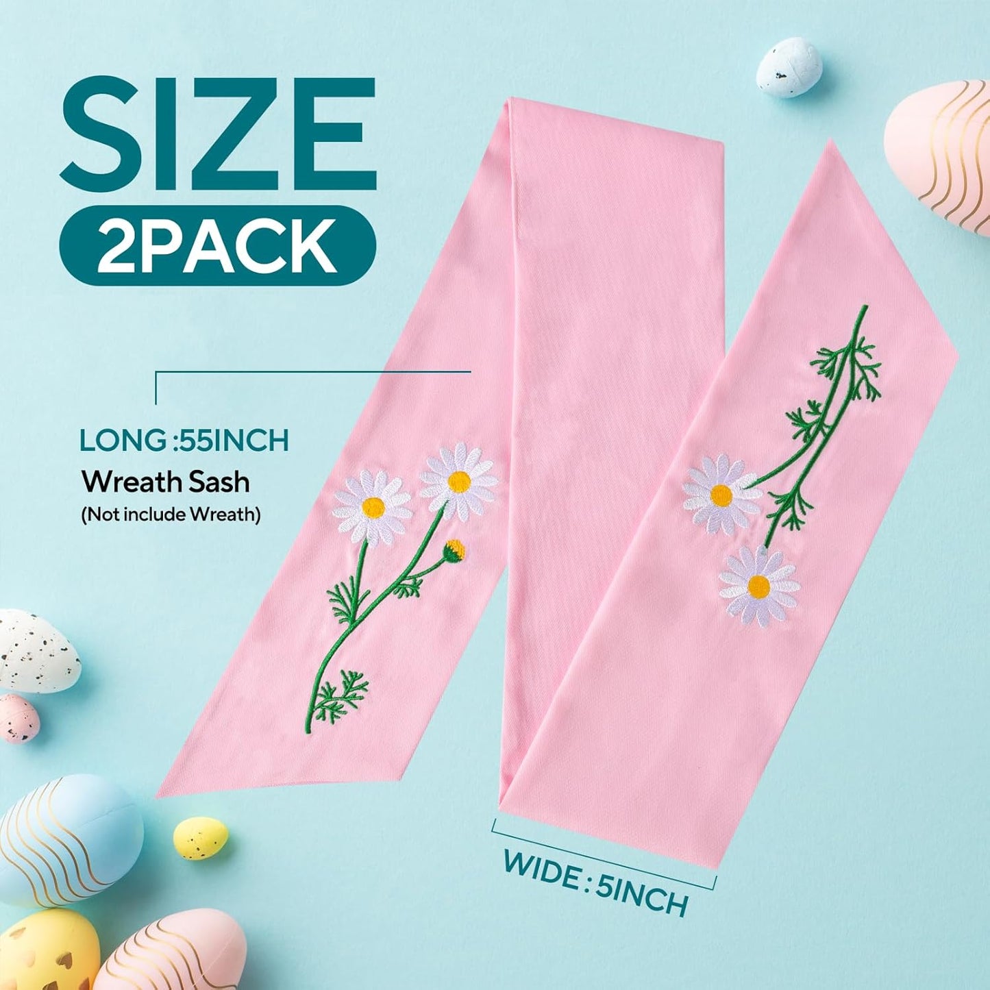 Regine Switzerland 2-Pack Daisy Floral Wreath Sash - Embroidered Spring Ribbon Decor for Front Door (Pink)