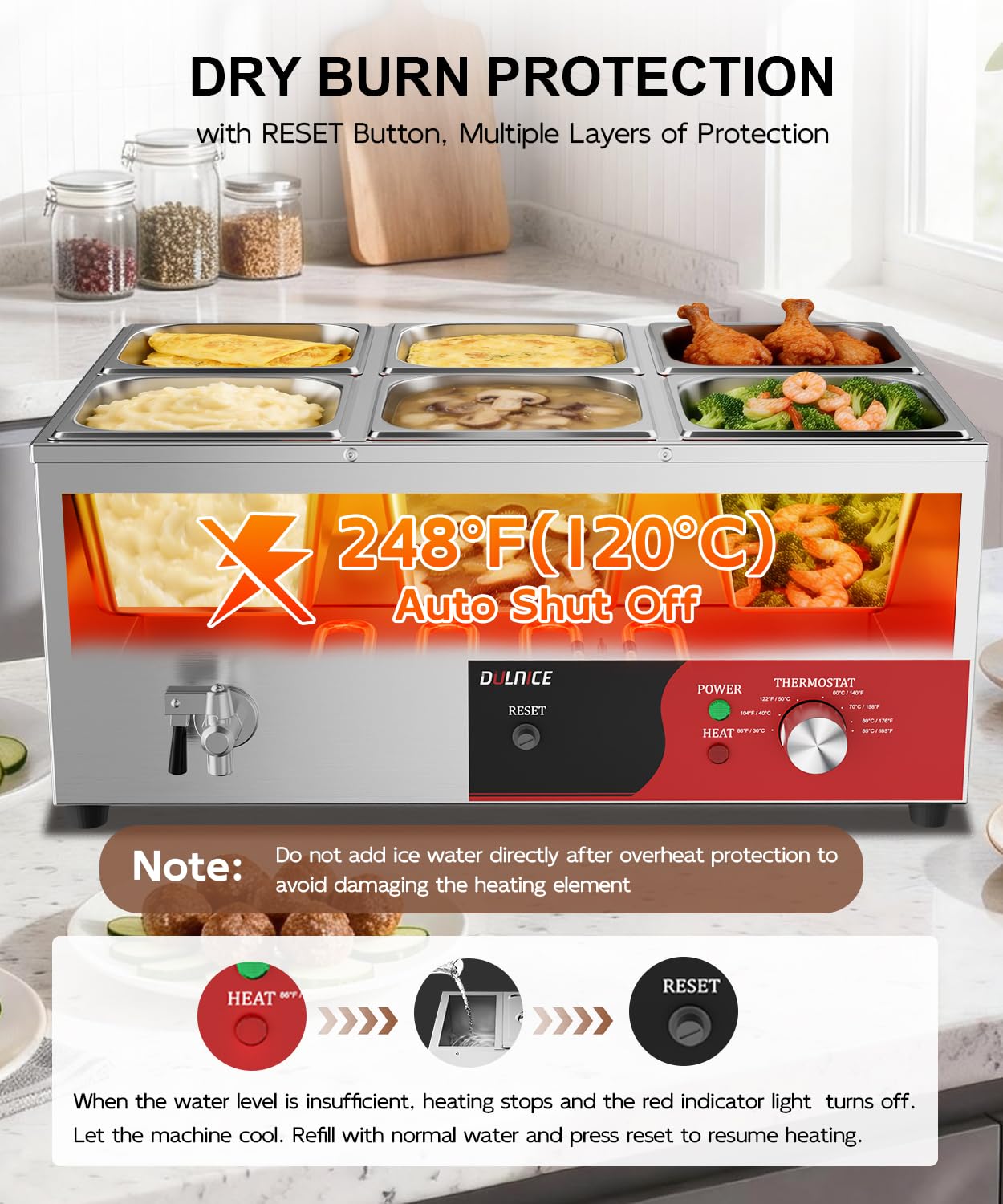 DULNICE 6-Pan Commercial Food Warmer, 1500W Stainless Steel Bain Marie with Anti-Dry Burn and Reset Button, Countertop Soup Warmer with Drain Tap, Soup Spoon for Buffet, Catering, Parties, Restaurants