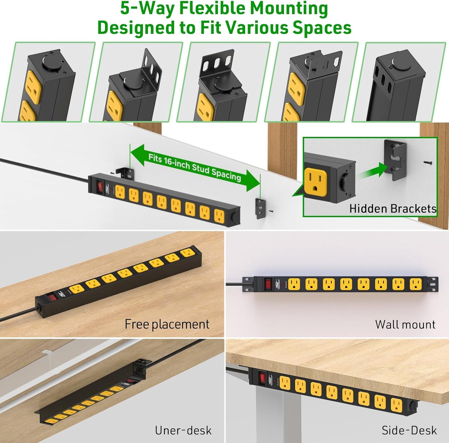 CRST 8 360 2100 15Amp/1875W 6FT 14AWG Outlet Heavy Duty Rotating Mountable Power Strip, Joules Surge Protector Power