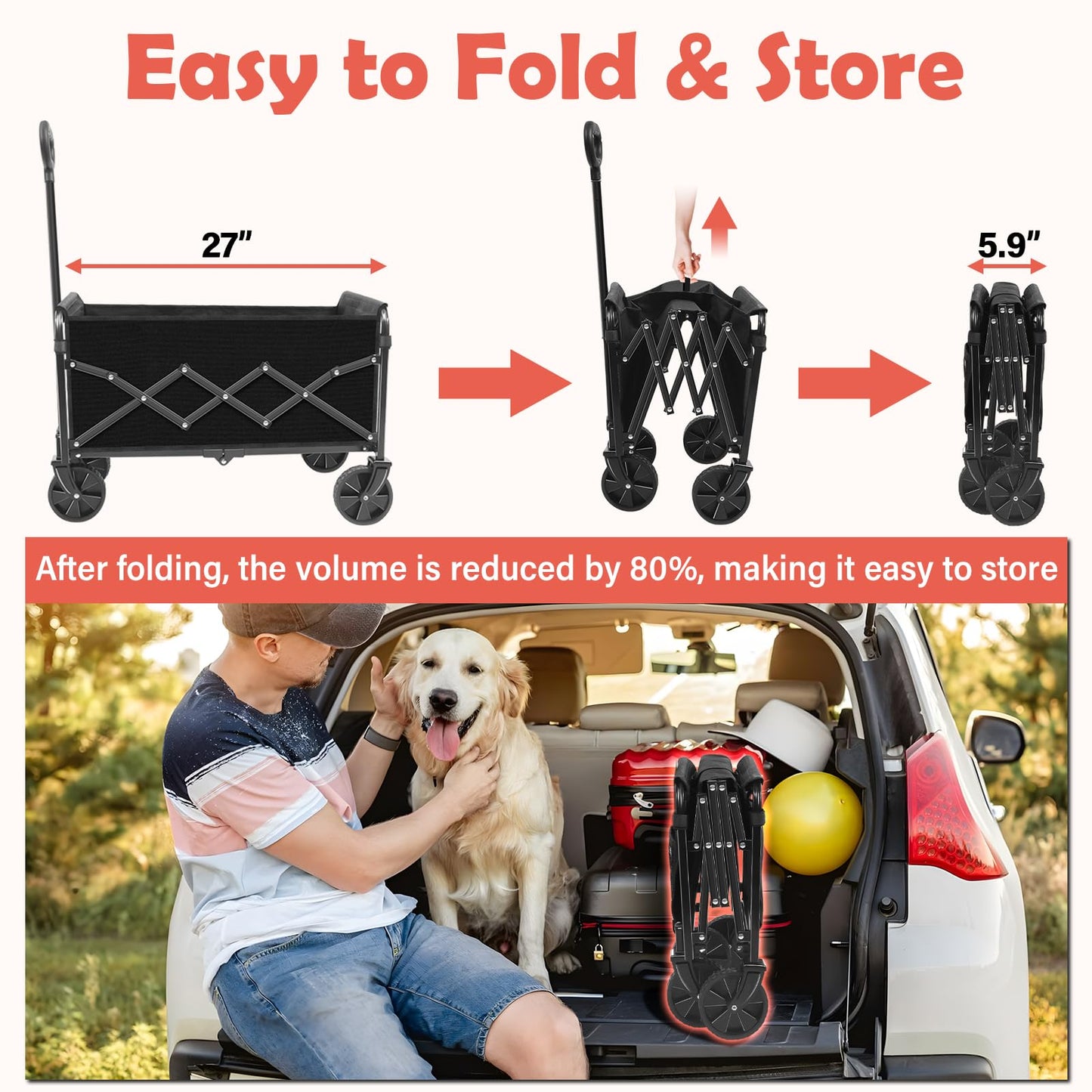 Wagons Carts Foldable, 360 Lbs with Adjustable Handle, Black Lightweight Portable, Collapsible Wagon for Camping, Shopping, Sports, Travel, Garage and Gardening Storage with Drink Holders