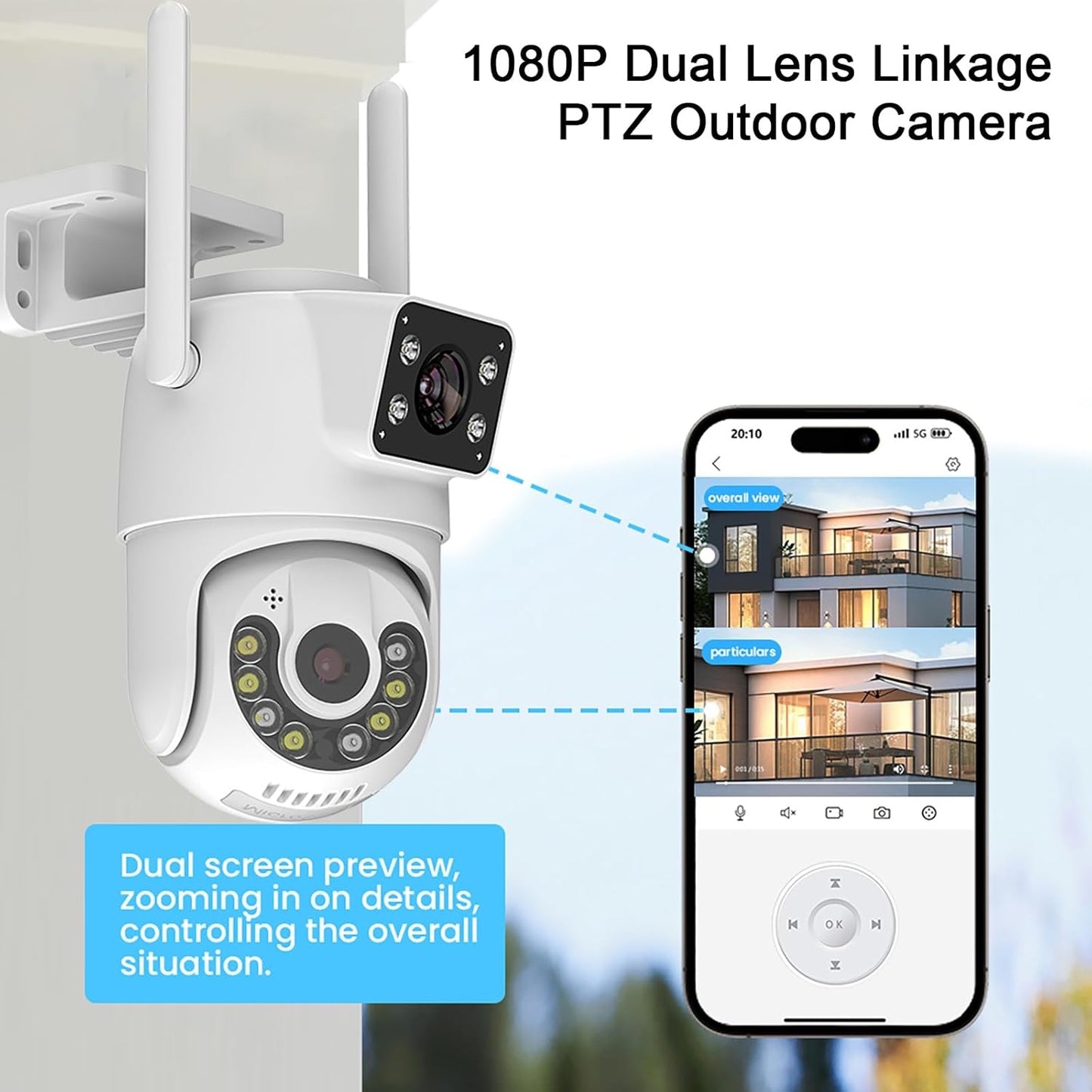 Dosilkc 1080P 360 PTZ Outdoor Security Camera, Dual Lens Linkage Wireless WiFi Cameras for Home Security, View Auto