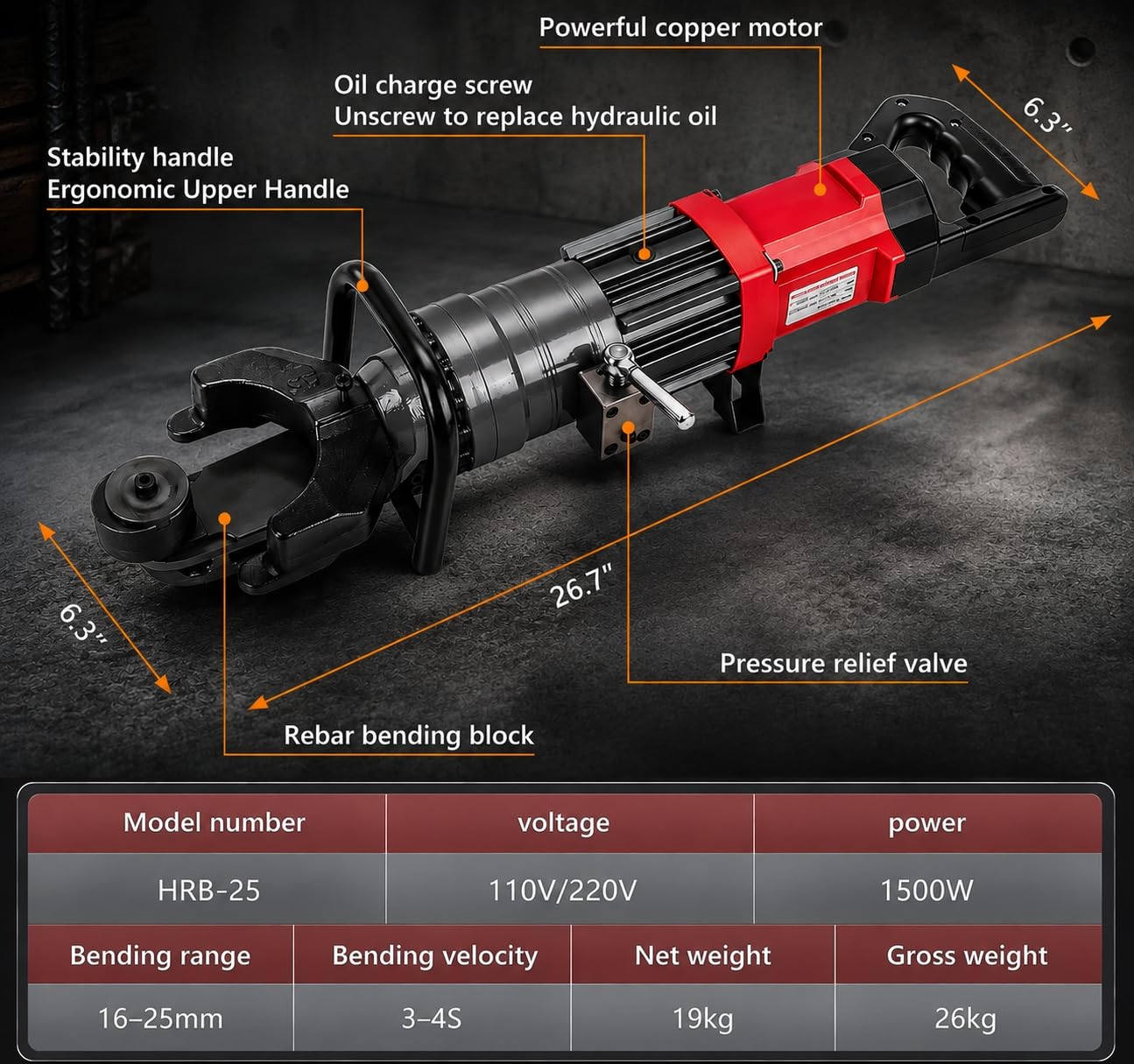 GERMCENS Electric Rebar Bender 1500W Hydraulic Rebar Bending Machine #16-25 mm Rebar to 90° within 3-4s, Enabling easy bending of rebar steel bar,Comes with a storage box.