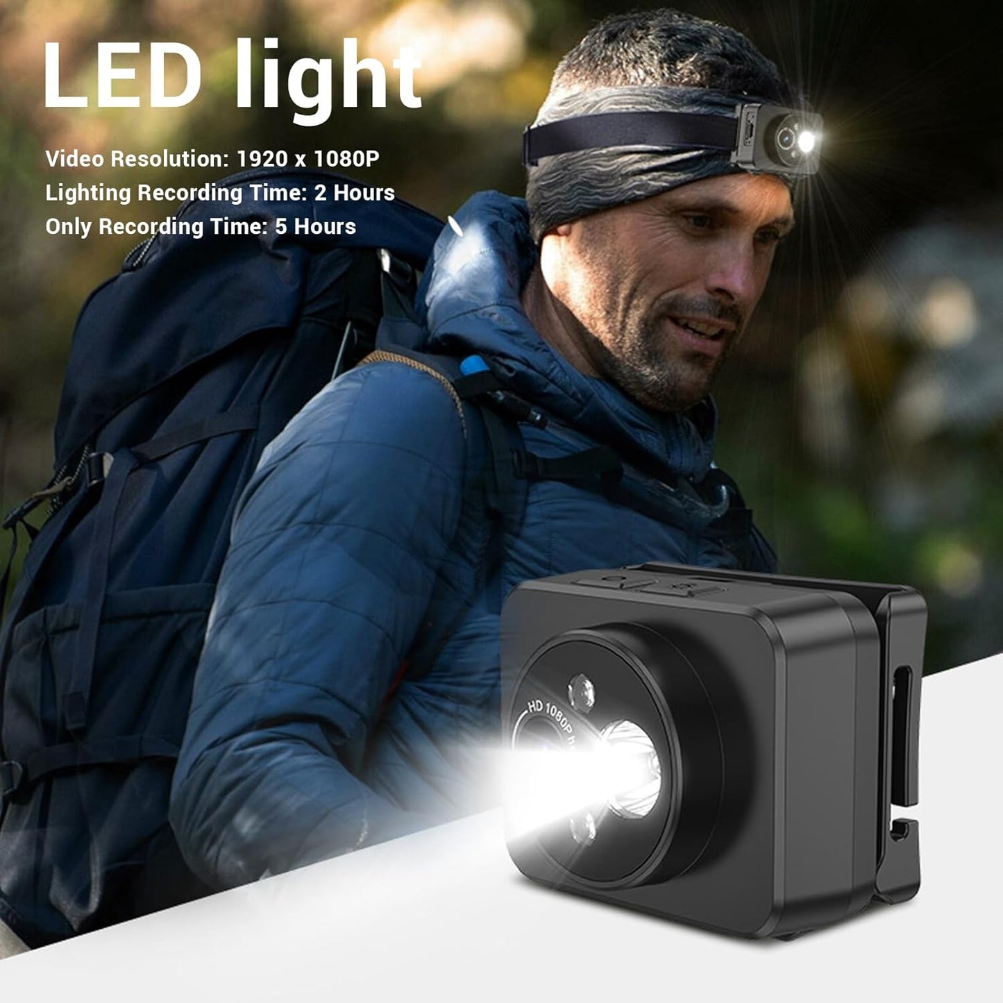 ciciglow 1080P 128GB Head Mounted Action Camera, Adjustable Angle Small Head Mounted Sports Camera, LED Headlamp