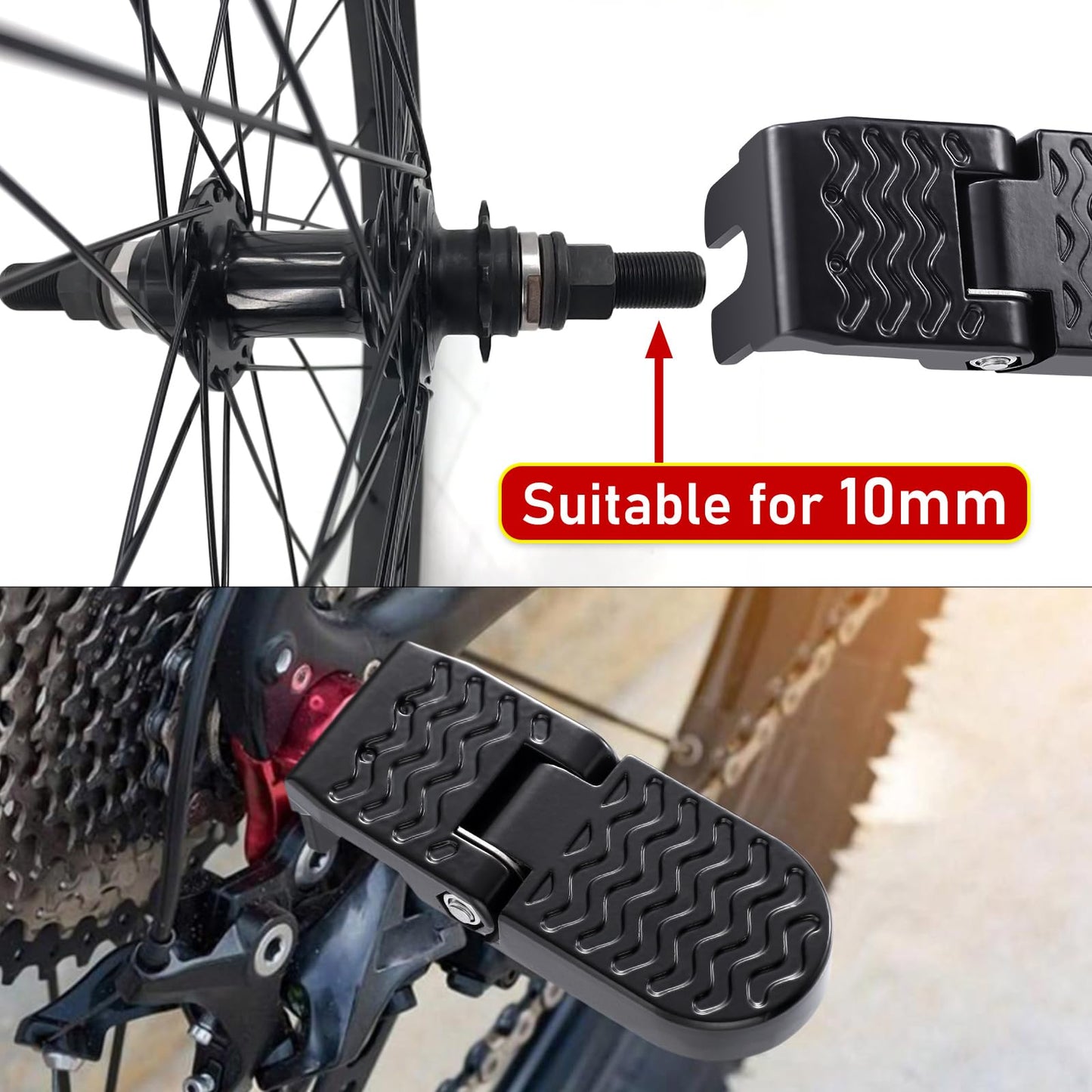 TOBWOLF 2PCS 10MM U Slot Bike Rear Pedals, Aluminium Alloy Bicycle Foot Pegs, Non-Slip Foot Pegs for Passenger, Folding Rear Bike Footrest Pedals for E-Bike, Mountain Bike, Folding Bicycle