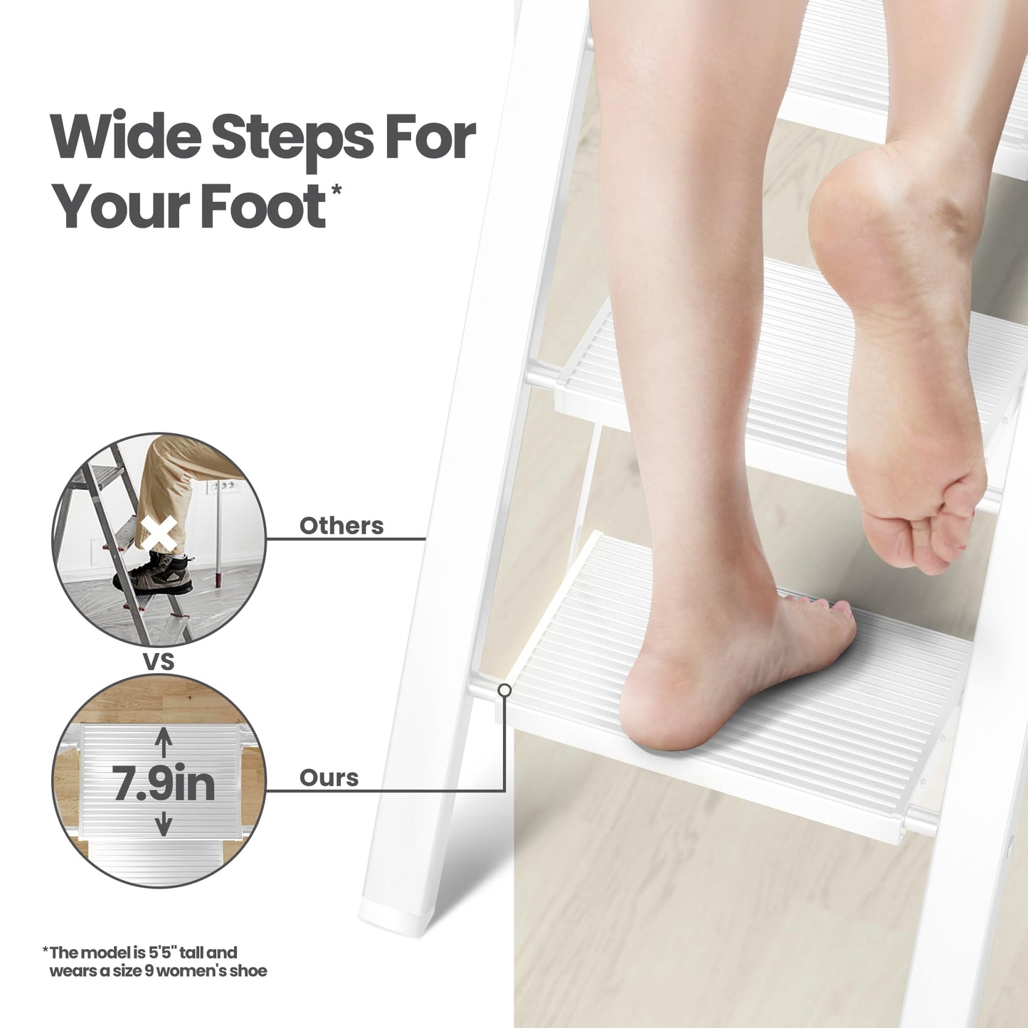 SOLADDER 6 Step Ladder, Folding Step Stool with Handgrip and Anti-Slip Wide Pedal, Portable Lightweight Aluminum Stepladder for Kitchen, Home, Library, Office (300 lbs Capacity) - White