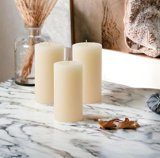 Mister Candle Dripless Vanilla Scented Ivory Pillar Candles Set of 3, Hand Made Vanilla Pillar Candles with Essential Oils for Home Decor, Premium Wax, 80 Hr Burn Time (3x6 inch)