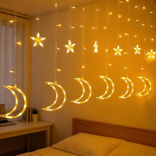 Dazzle Bright Ramadan Curtain String Lights - 138 LED Warm White Star & Moon Design | 8.2 FT Waterproof with Timer & 8 Modes