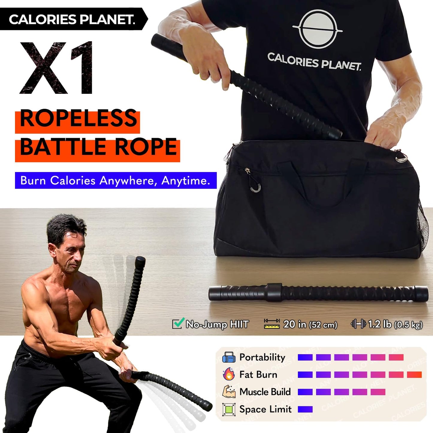 Calories Planet X1 Weighted Ropeless Battle Rope for Home Gym, Workout Exercise Rope for Strength Building, HIIT and Low-Impact Aerobic Training for Men & Women