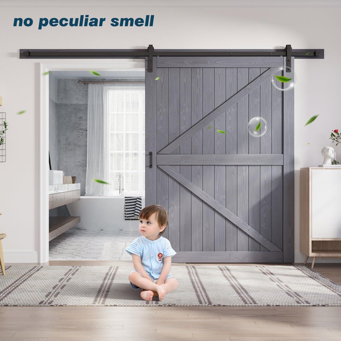 FREDBECK 60in x 84in Gray Wood Barn Door Slab with 10ft (120inch) Barn Door Hardware Track Kit Included, Double Surfaces,Simple Assembly is Required,K-Frame,Grey