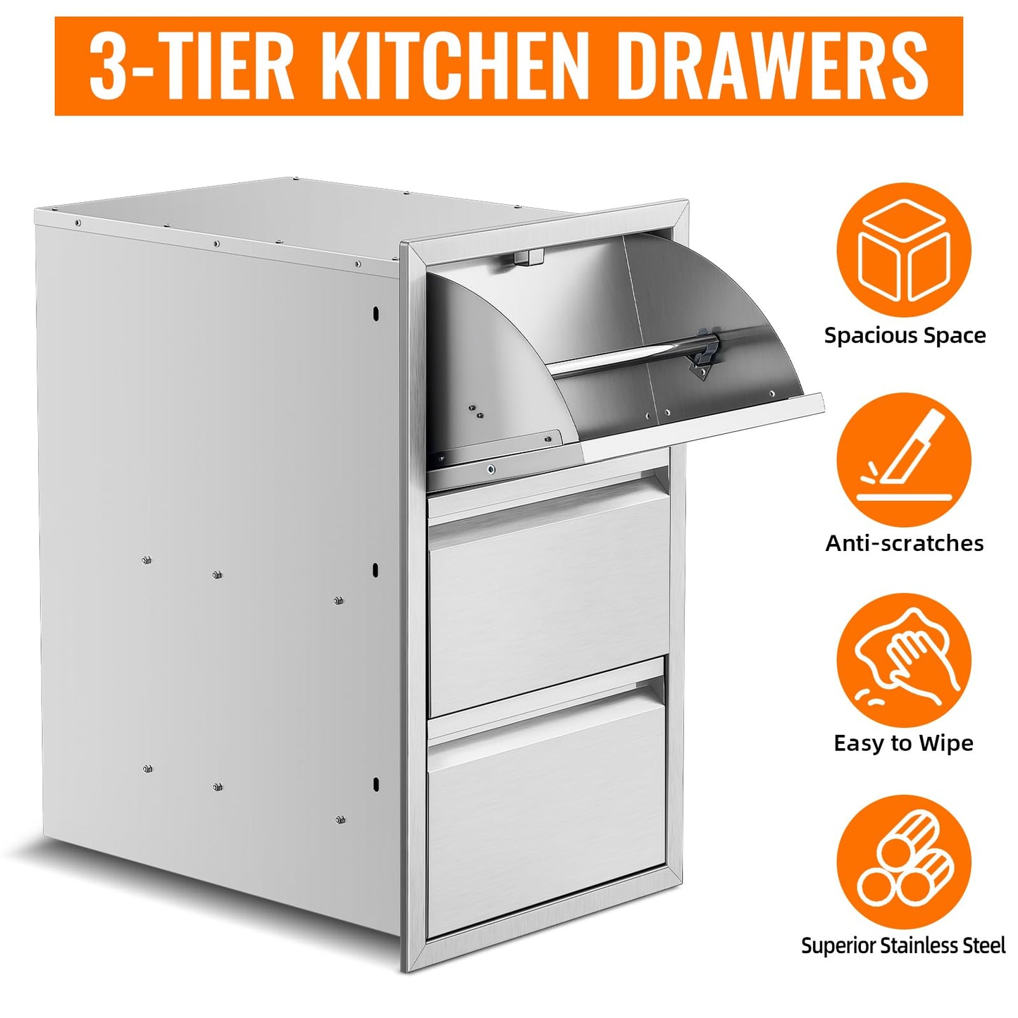 RAILEN Outdoor Kitchen Drawers Stainless Steel Flush Mount BBQ Drawers for Outdoor Kitchen Island or Patio Grill Station (15Wx26Hx22D Inch)