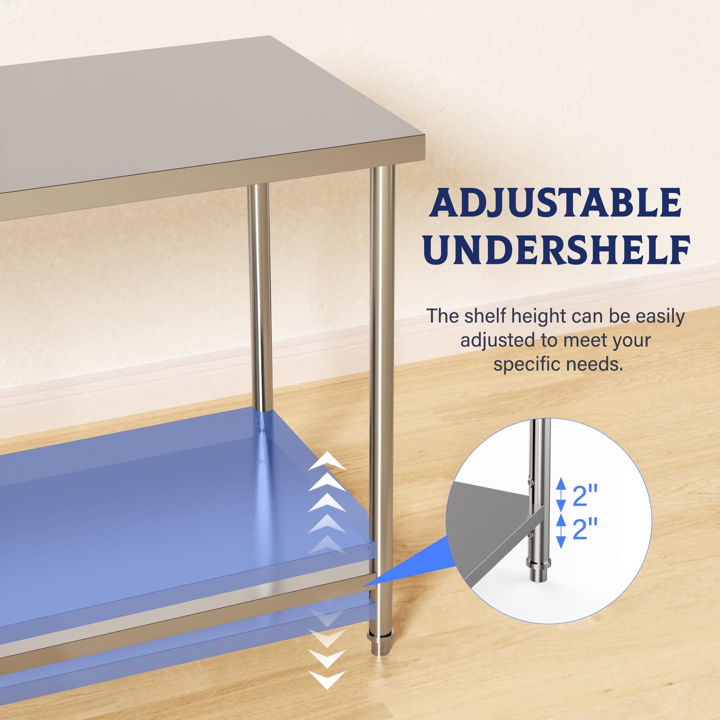 GarveeTech Stainless Steel Table, 48 in x 24 in Commercial Prep Work Table with Adjustable Undershelf and Pre-installed Feet, 2 Tier Metal Table for Restaurant, Home, Kitchen, Garages and Outdoor