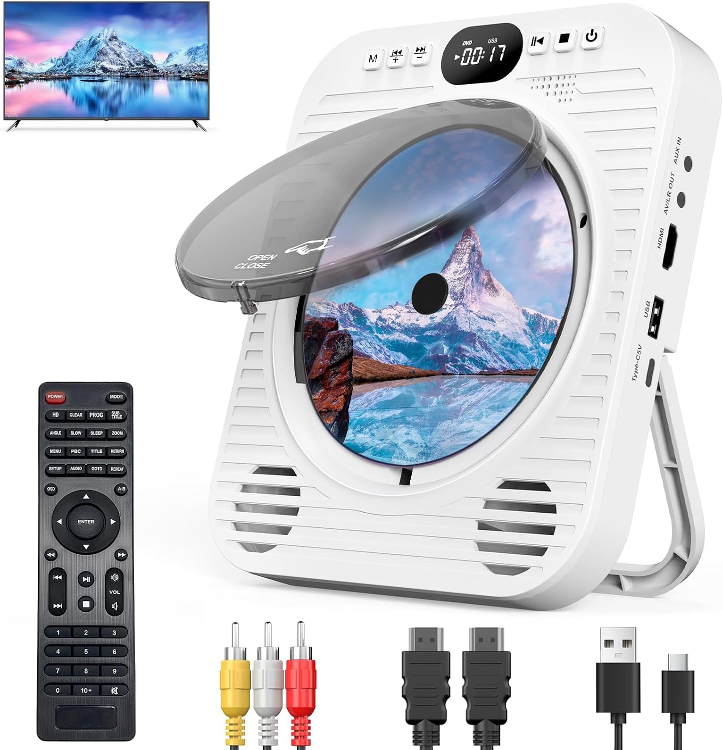 Ceihoit 1080P Mini CD DVD Player for TV Bluetooth CD/DVD Player with HDMI AV Cables, Built-in Speakers, USB & AUX