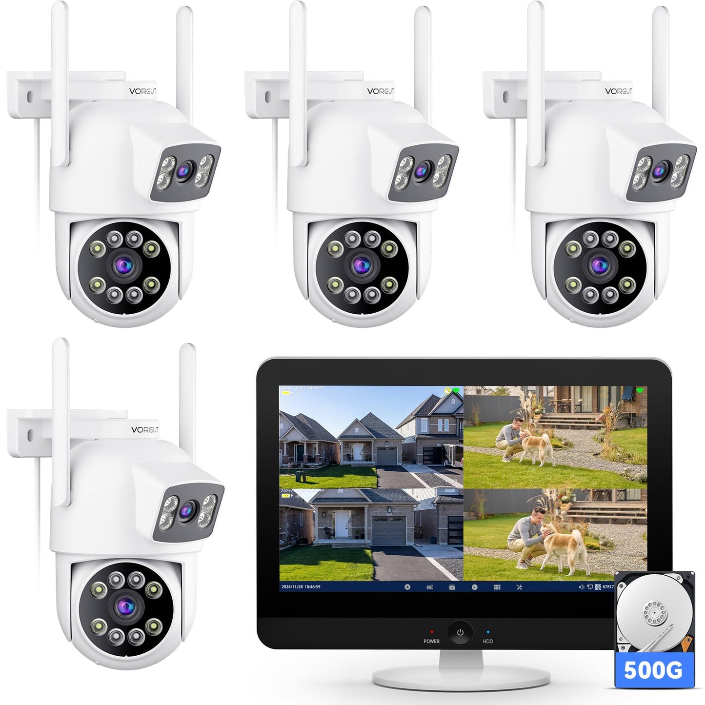 VORGUT Security Camera System Wireless Outdoor with 12" Monitor, 4pcs 2K Dual Lens Cameras for Home & Business Surveillance, 360° PTZ, 2.4G/5G WiFi, Human Detection, Auto Tracking, 16CH NVR, 500G HDD