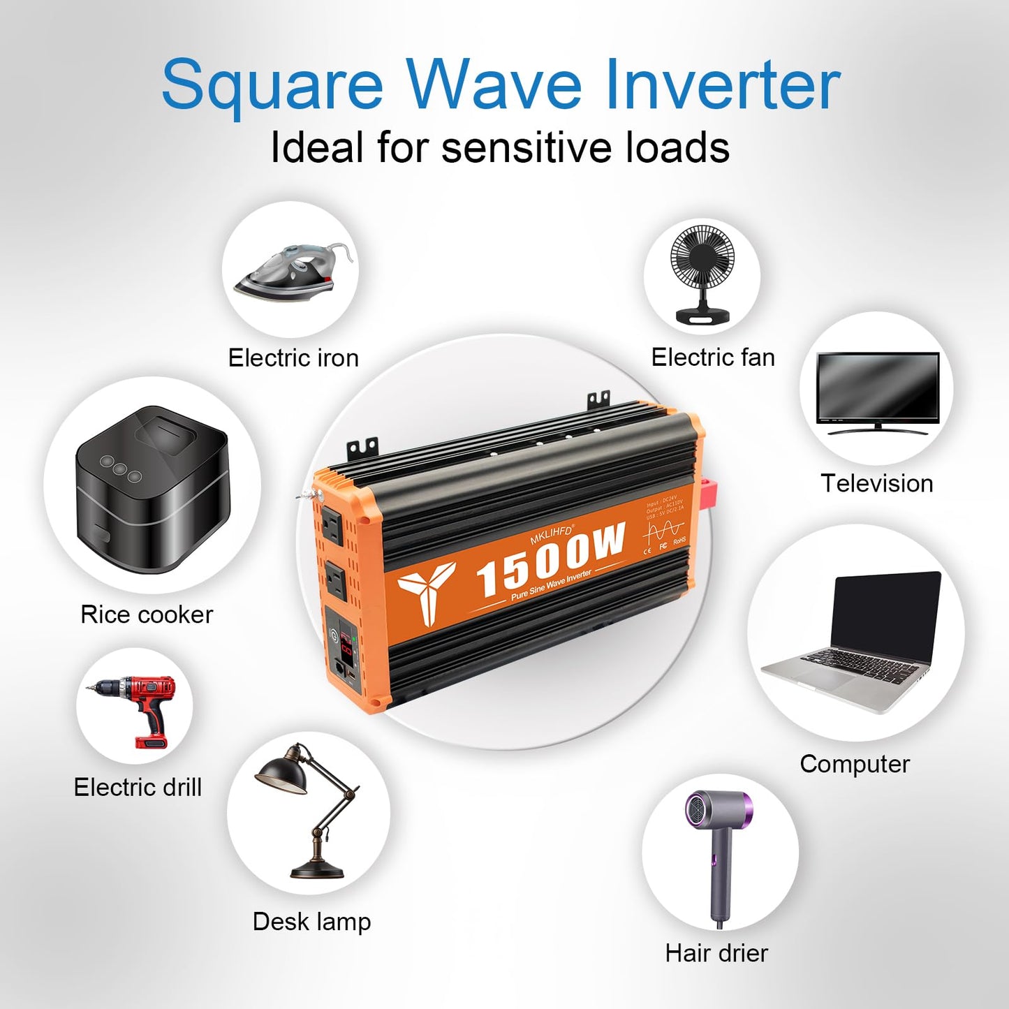 MKLIHFD 1500 Watt Pure Sine Wave Power Inverter 24V DC to 120V AC, 3000W Surge Peak Power, Inverter for RV, Truck, Solar, Campers with 2 AC Outlet, 5V 2.0A USB, Remote Control Compatible with Lithium