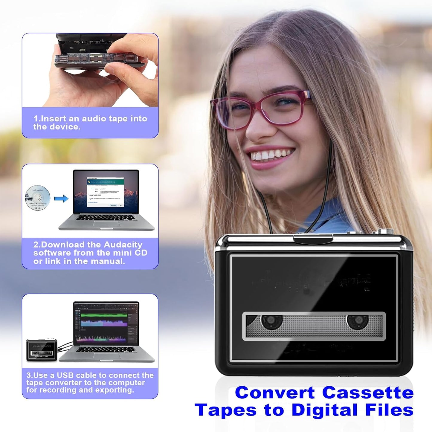 Cassette MP3 Auto-Reverse,2 Portable Player & Convert Tape to Digital Digital, Retro Tape Recorder Walkmaner with AA