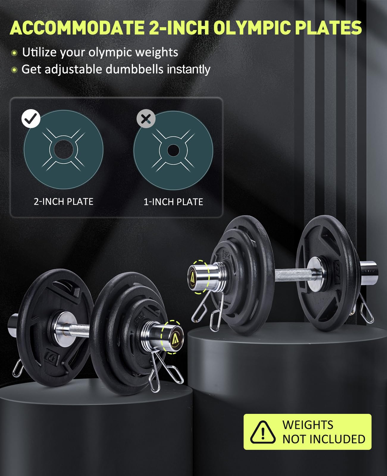 AboveGenius 16" Olympic Dumbbell Handles, Solid Steel Loadable Weight Bars for 2-Inch Plates, Adjustable Home Gym Strength Training Equipment (Includes 4 Spring Collars)