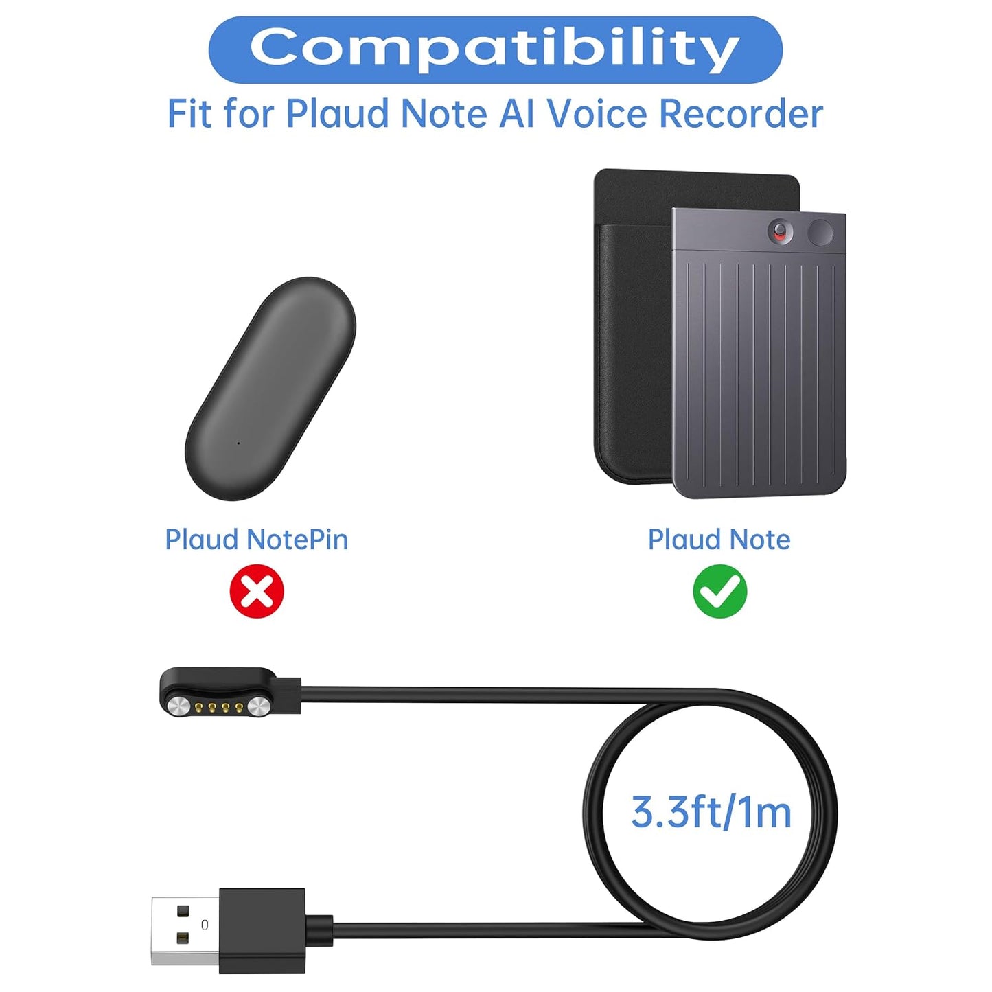 2 Pack Oumida Charger Cable for PLAUD Note AI Voice Recorder Charger, USB Magnetic Replacement Charging Cable (Not