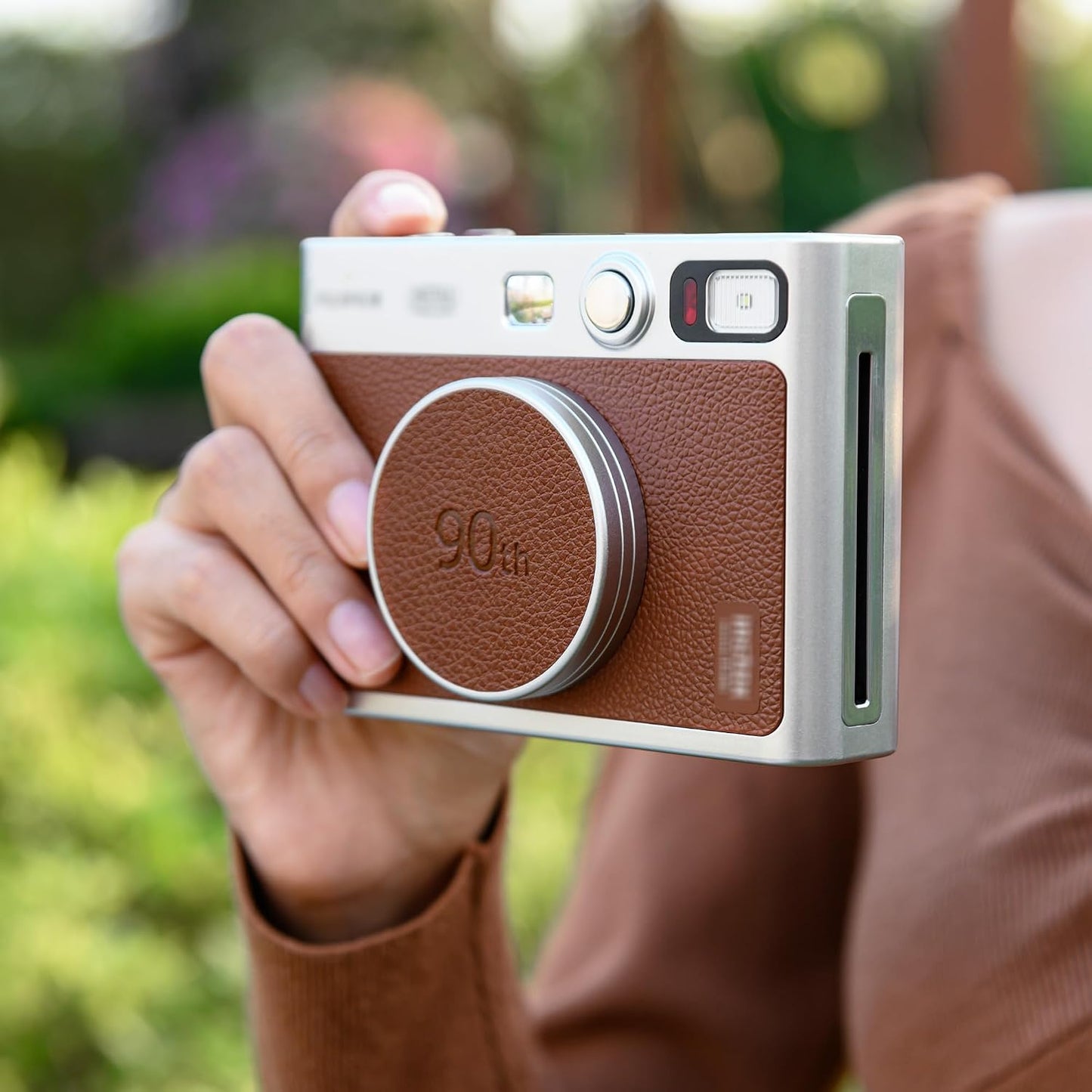 JJC Retro Leather Lens Cap for Fujifilm Instax Mini EVO, Brown Aluminum Anti-Dust Anti-Scratches Lightweight Camera