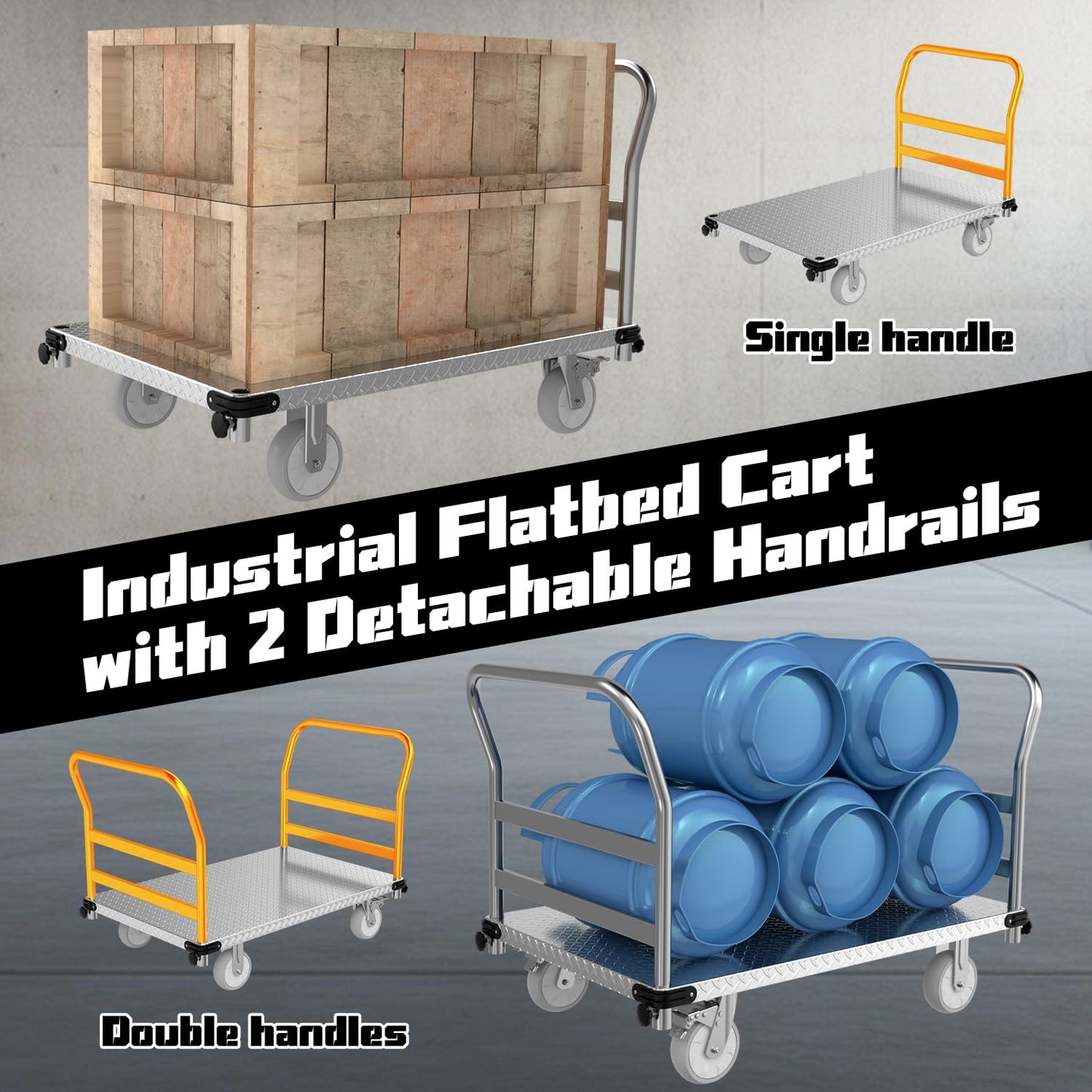 Heavy Duty Platform Truck 3000 lb Capacity, 44" x 28" Steel Flatbed Cart with 2 Detachable Handles, 6" Rubber Swivel Wheels, Industrial Push Dolly for Warehouse & Commercial Use