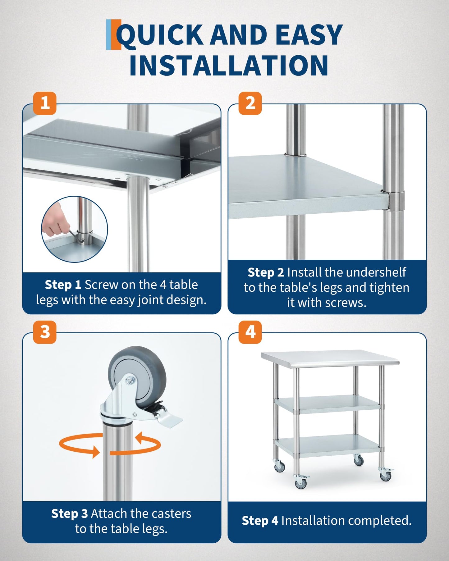 Garvee Stainless Steel Table for Prep & Work, 24x30x34 Inch Commercial Kitchen Worktable with 4 Caster Wheels & 2 Adjustable Under Shelf, Heavy Duty Metal Food Prep Table for Restaurant Garage Outdoor