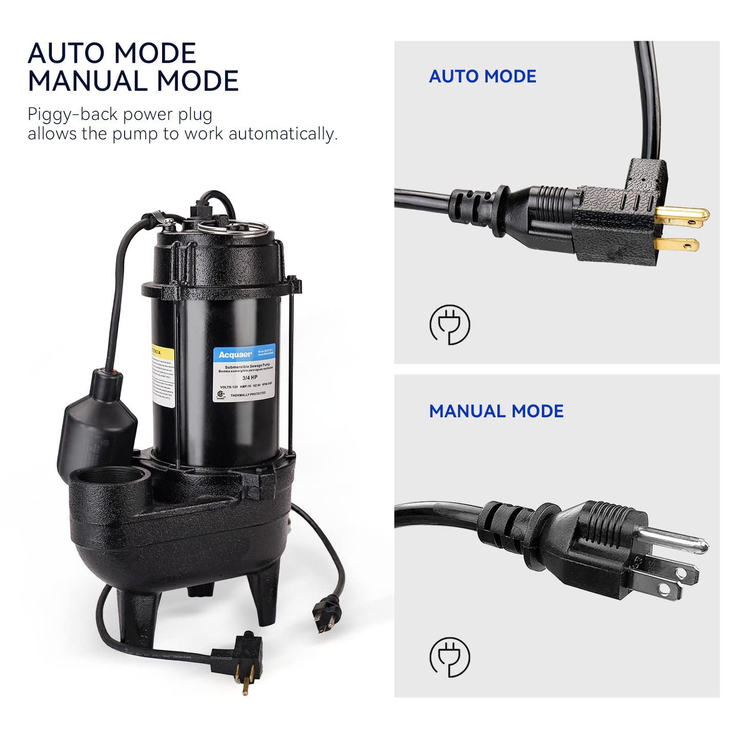 Acquaer 1/2HP Submersible Sewage/Effluent Pump, 6000 GPH, Cast Iron, Automatic Tethered Float Switch, 115V Sump Pump for Sump Basin, Residential Sewage, Basement, 2'' NPT Discharge