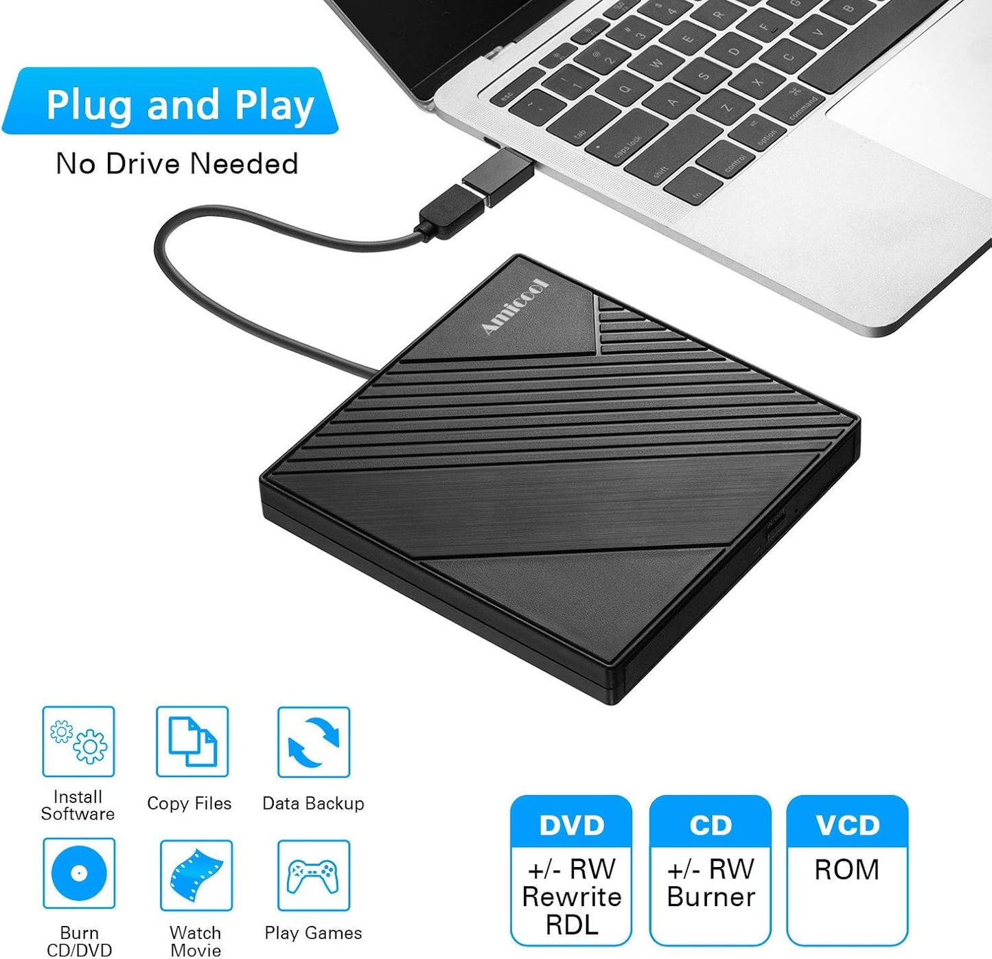 Amicool 3.0 11/10/8/7 External DVD Drive USB USB C CD Burner CD/DVD +/-RW Optical Drive, Slim Portable DVD CD ROM