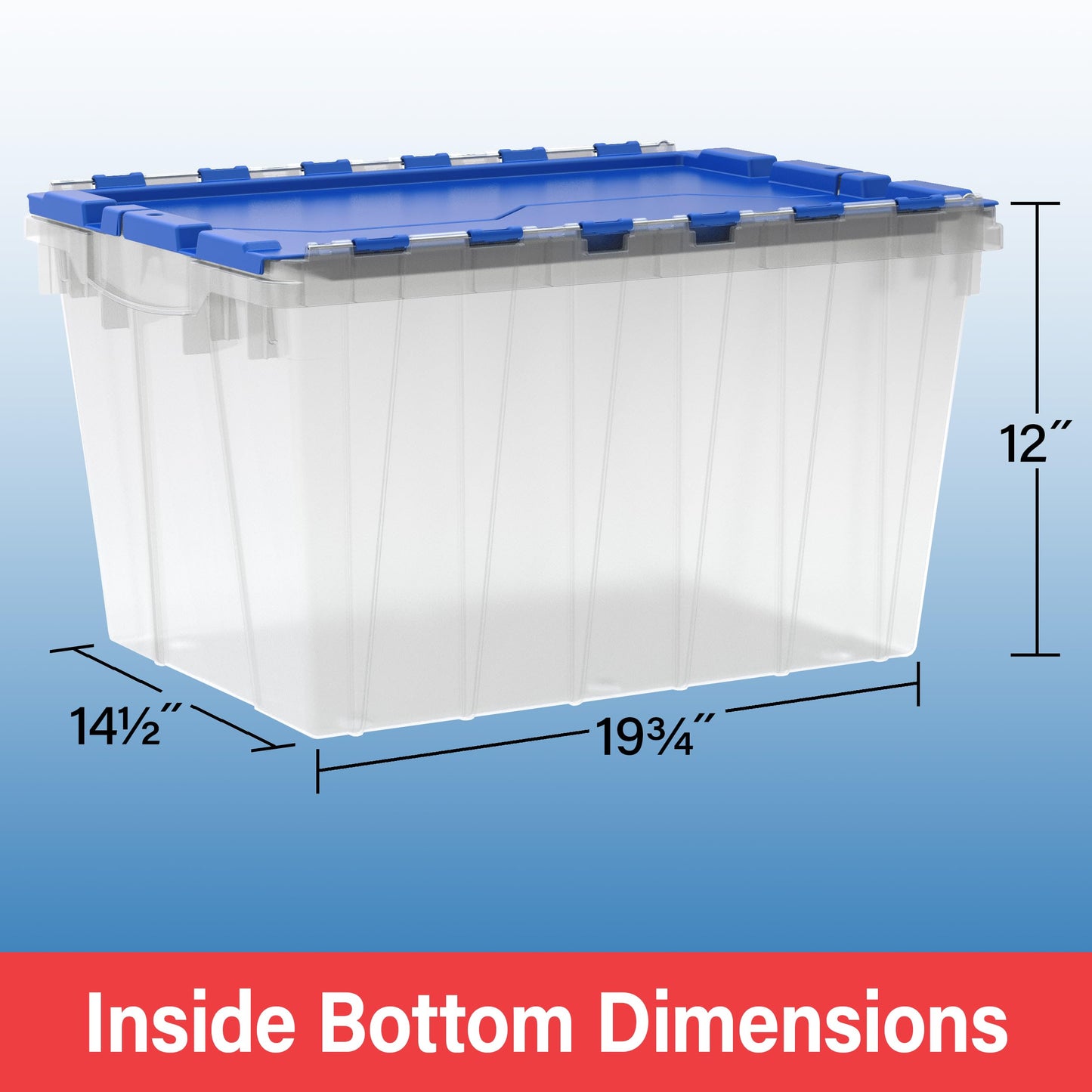 Akro-Mils KeepBox 12 Gallon Storage Container, Nesting and Stackable Plastic Storage Box with Lid Attached, Clear Tote for Garages, Closets, Moving, 21-1/2" x 15" x 12-1/2", Clear/Blue, Pallet of 48