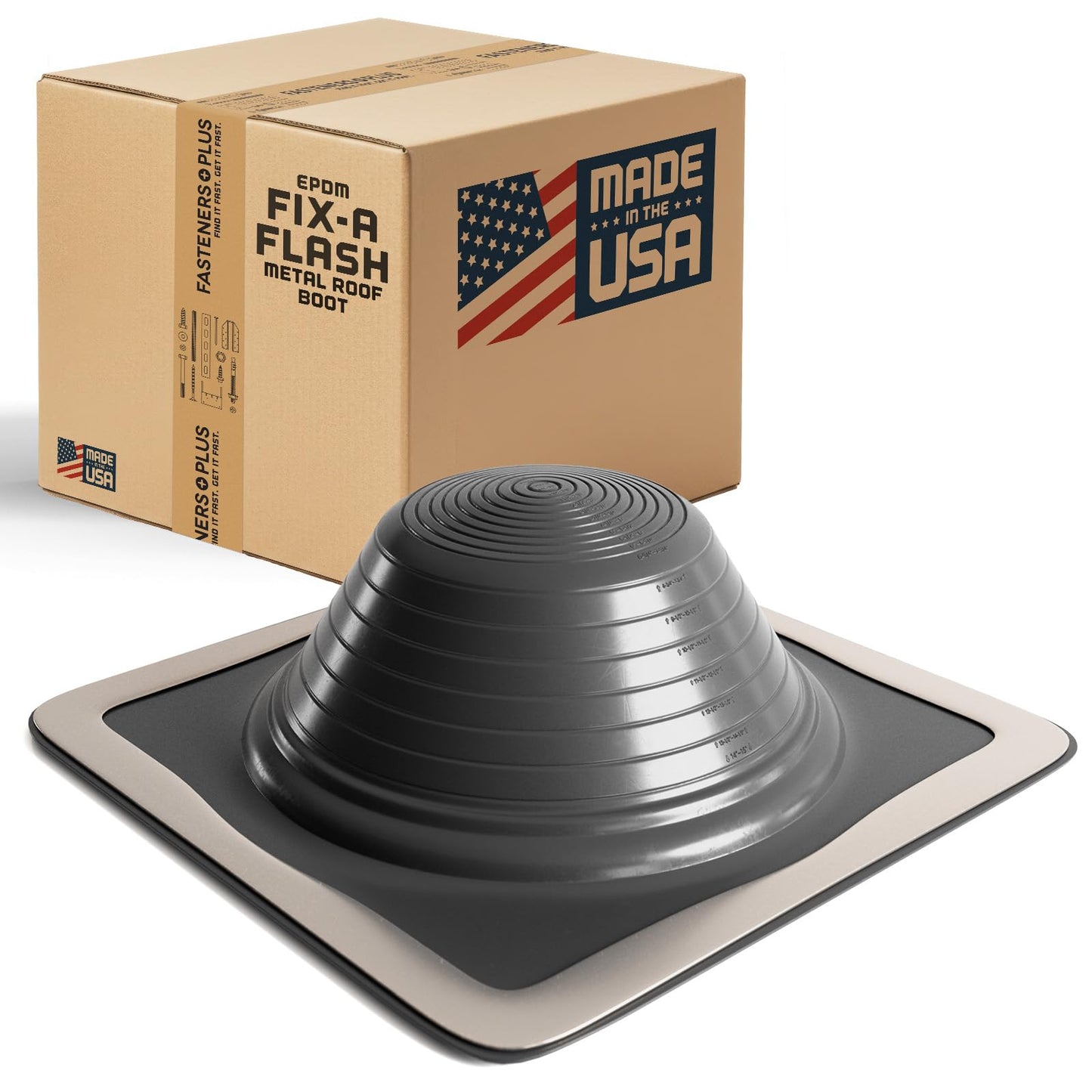 Fasteners Plus Fix-A-Flash Square EPDM Metal Roof Pipe Flashing Boot (Made in USA), Fits 0” - 15” Pipe OD, Black Metal Roof Boot for Oversized Roof Openings