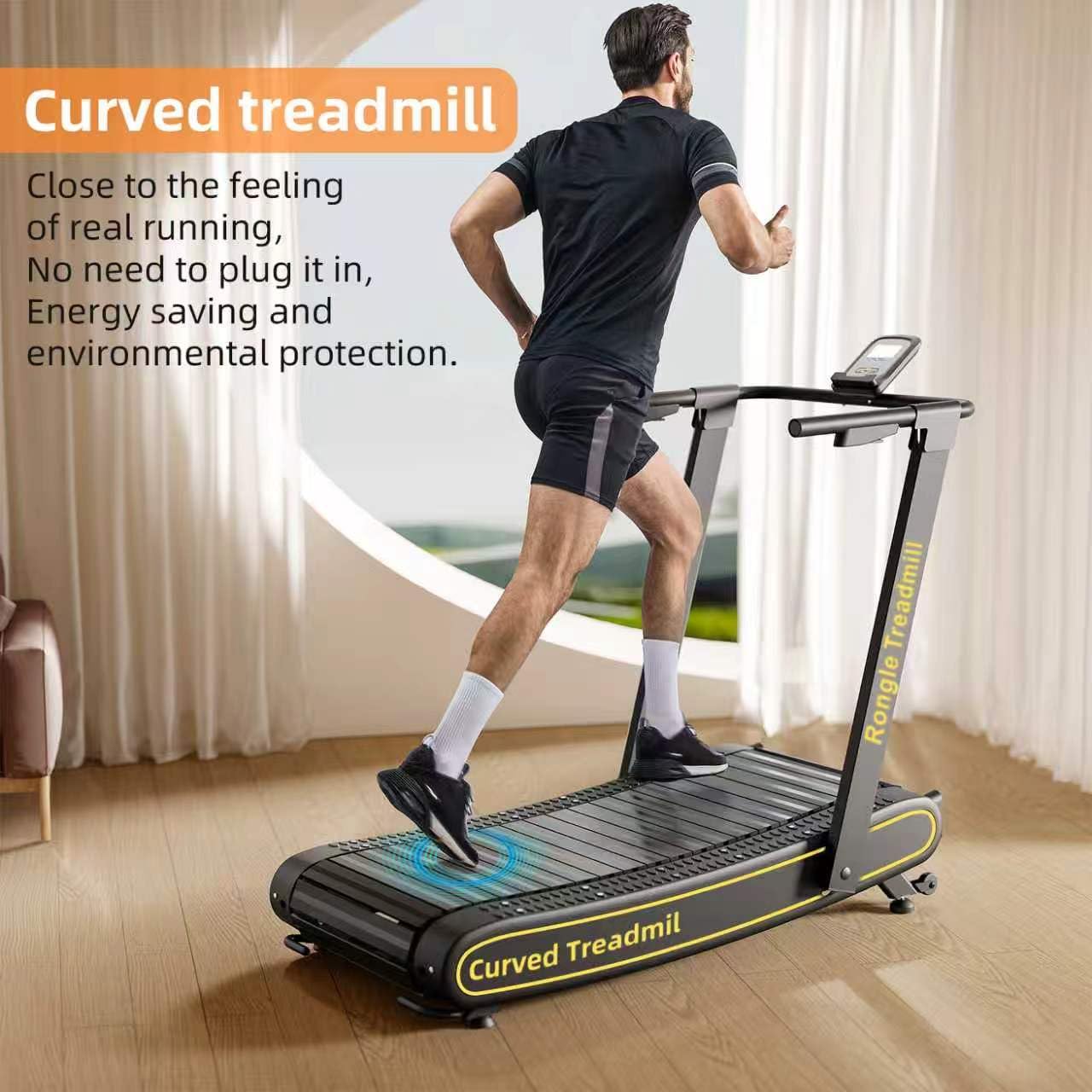 Rongle Curved Treadmill with Non-Electric Motorized, 2 in 1 Foldable Design Adaptive Variable Speed with LED Display, Motorless Self Propelled Treadmill for Home Office, No Assembly Required 350LBS