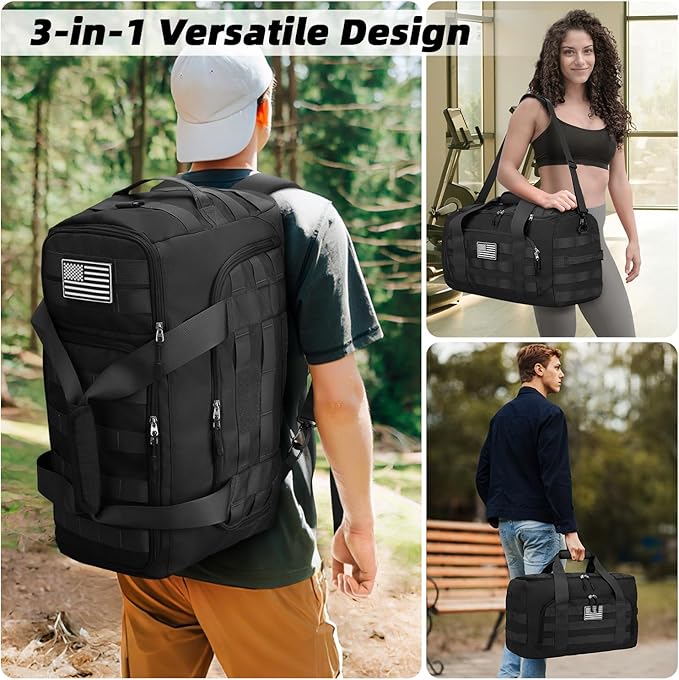 ZOMFELT Tactical Gym Bags for Men, 40L Travel Duffle Bag with Removable Dividers & Innovative Shoe Compartment, 3-in-1 Waterproof MOLLE Gym Duffel Backpack, Airplane Carry-On Approved, Black