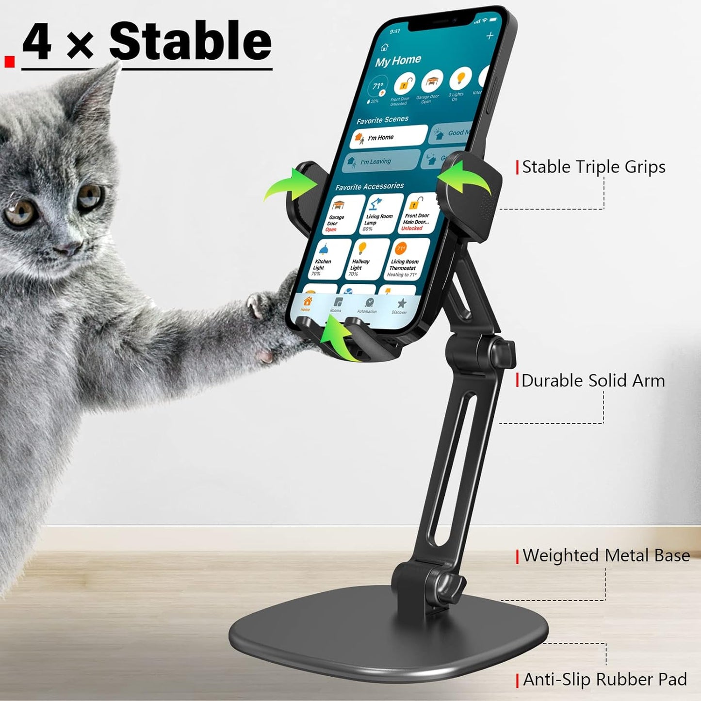 APPS2Car 360 Phone Stand for Desk [No Dropping Stable Triple-Clamp Holder] Adjustable Height Degree Rotation Heavy Base