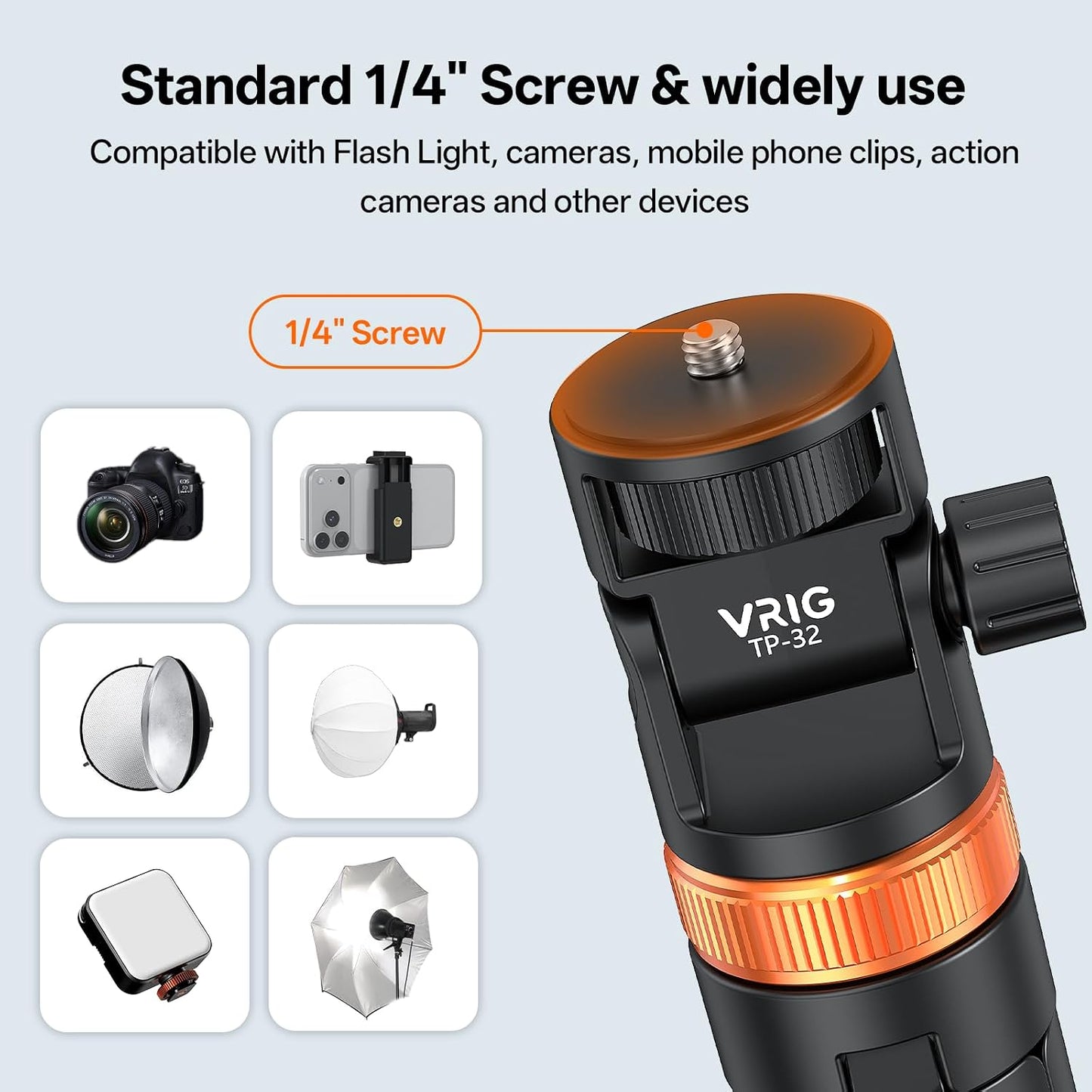 63" 180 1/4" TP-32 VRIG Extendable Photography Light Stand, Tripod Head Portable Tripod with Thread Phone Mount