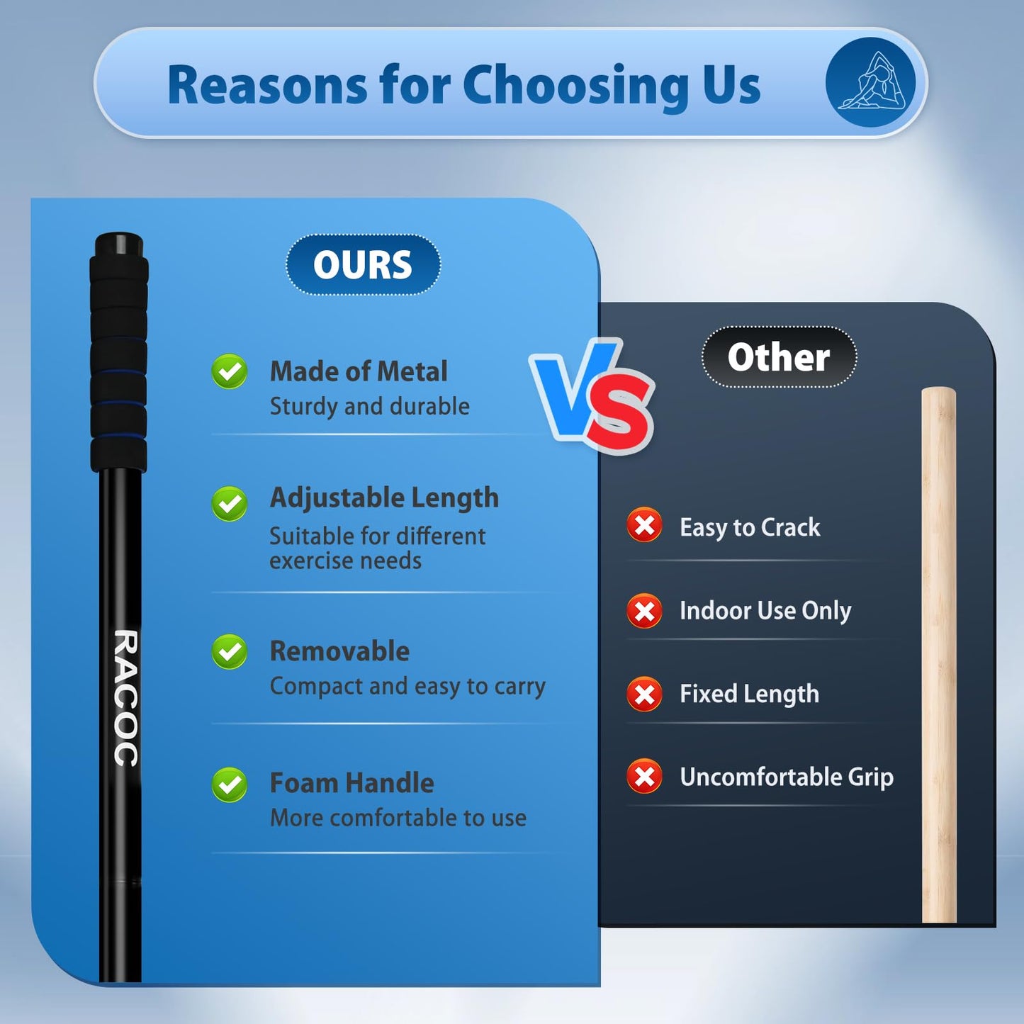 Yoga Stick 5 ft, Sturdy Steel Adjustable Stretching Stick for Mobility, Balance and Flexibility, Versatile Exercise Stick with Non-Slip Ends and Foam Handles for Fitness, and Posture Correction