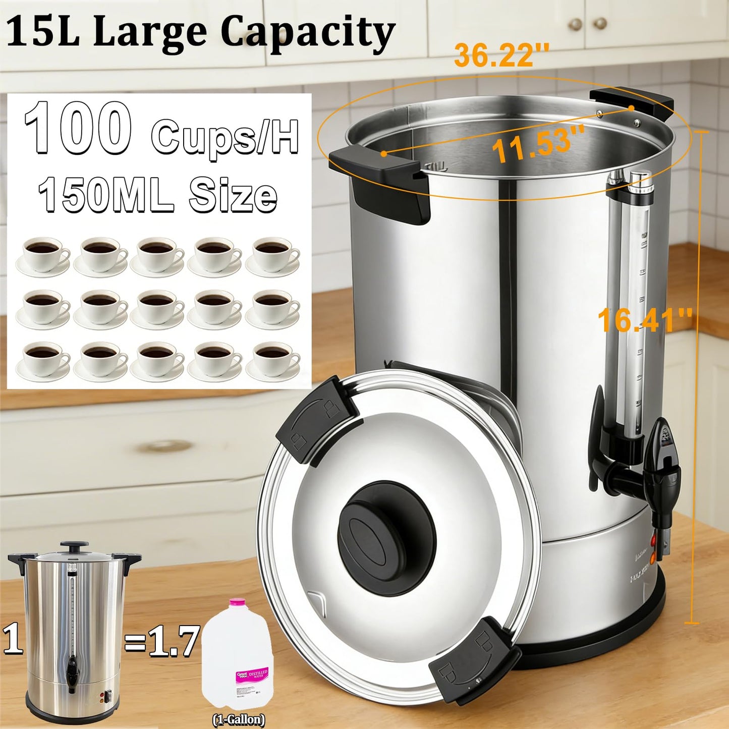 CTJ Commercial Coffee Urn 100-Cup Percolate Coffee Maker Stainless Steel Hot Water Urns 15L/4 Gallon Large Capacity Hot Beverage Dispenser with Removable Filter for Coffee, Tea, Water