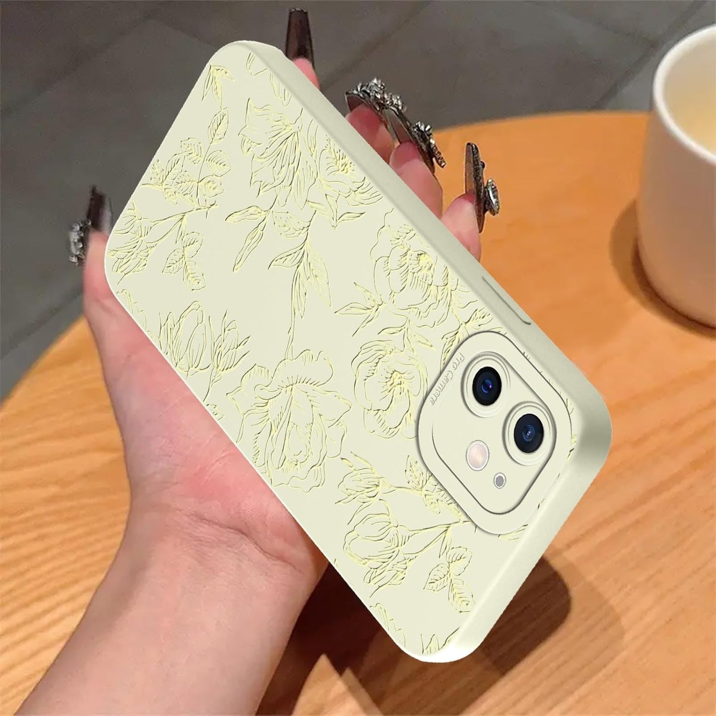 Aoldimu 12 6.1",Aesthetic 12,Beige Cute Flower Phone Case for iPhone Yellow Lines Floral Cases Girly Art Stylish Design
