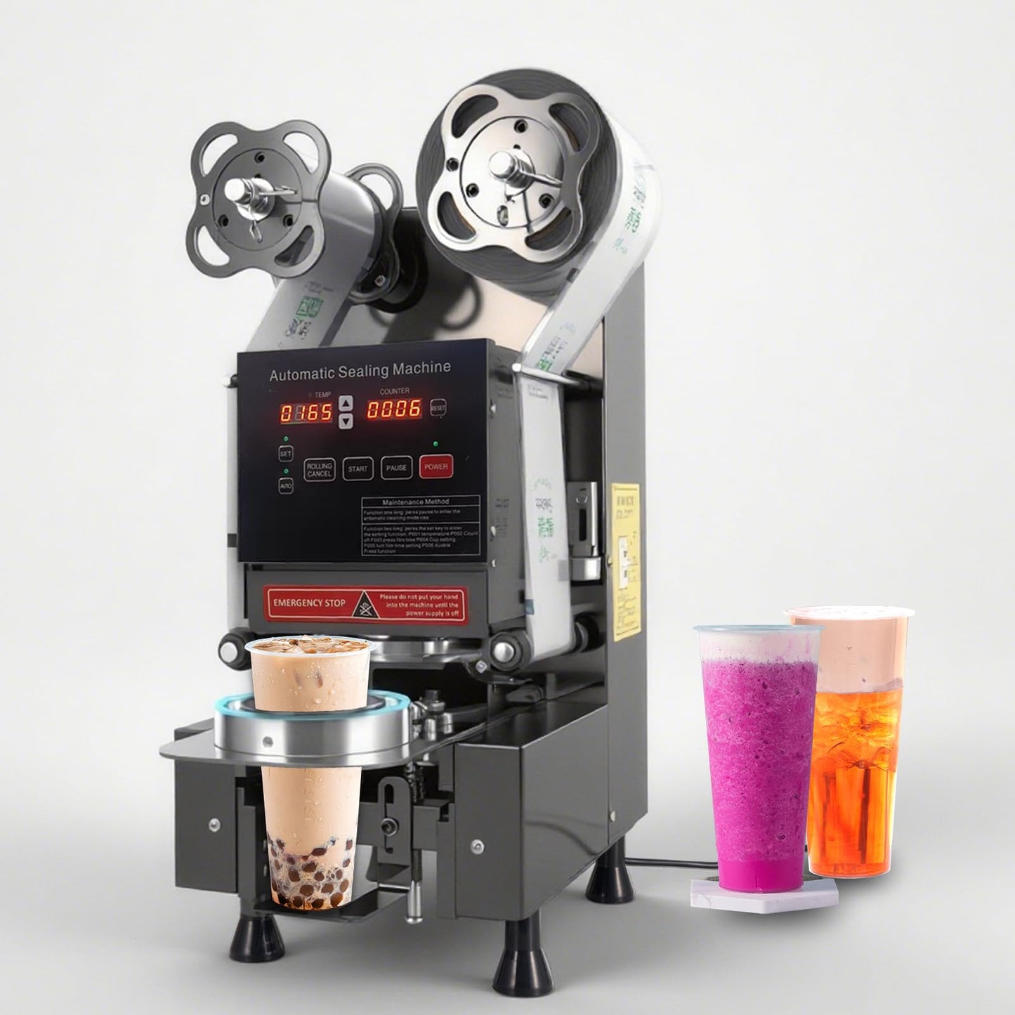 Cup Sealing Machine, Full Automatic Cup Sealer Machine 90/95mm Electric boba Cup Sealing Machine 500-650 Cups/H Digital Control LCD Panel Suitable for Bubble tea, Coffee, Drinks, Desserts (Black)