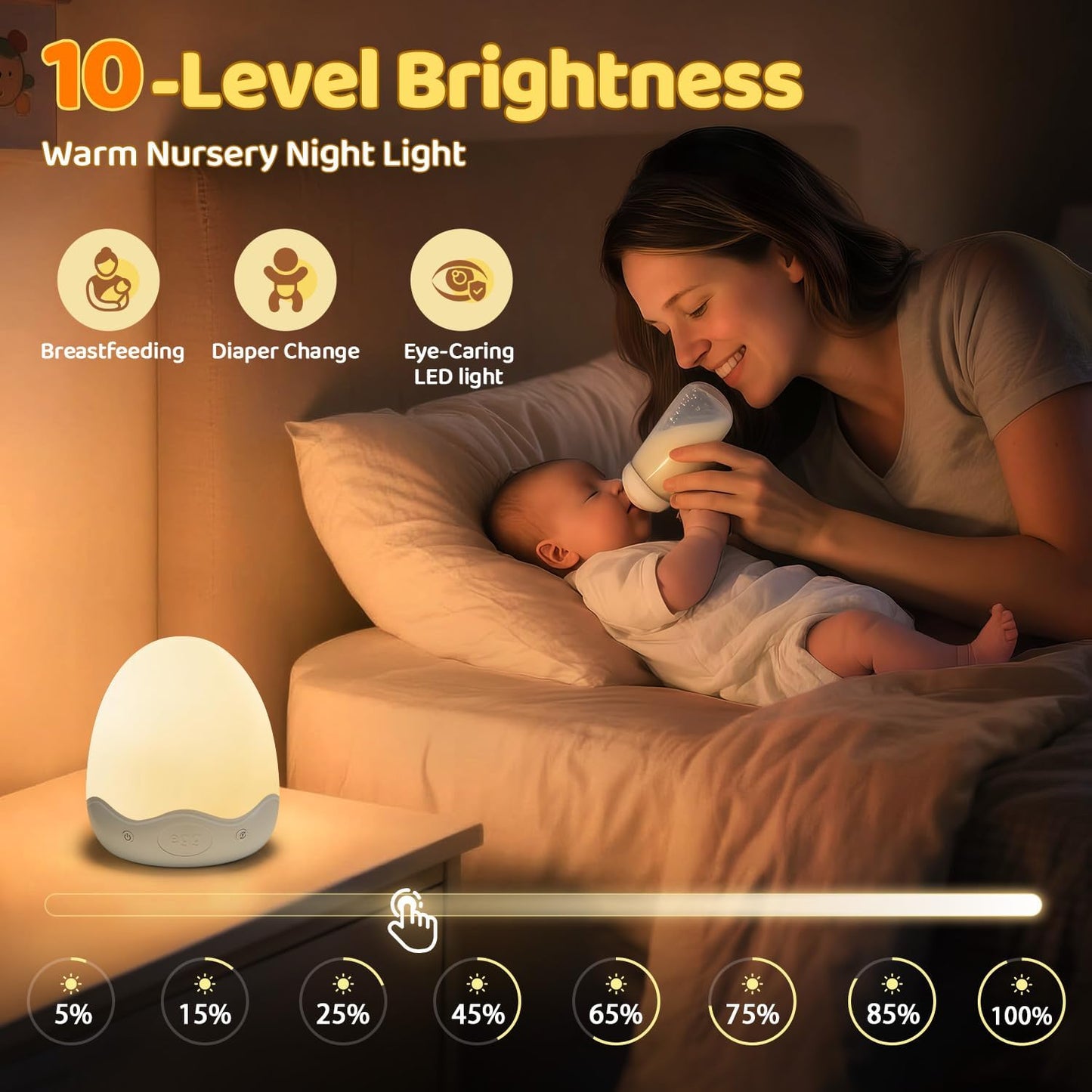Skiennix Baby Night Light - 10 Brightness Levels & 10 Color Options | Touch & Remote Control, 3600mAh Rechargeable, Portable for Nursery & Breastfeeding