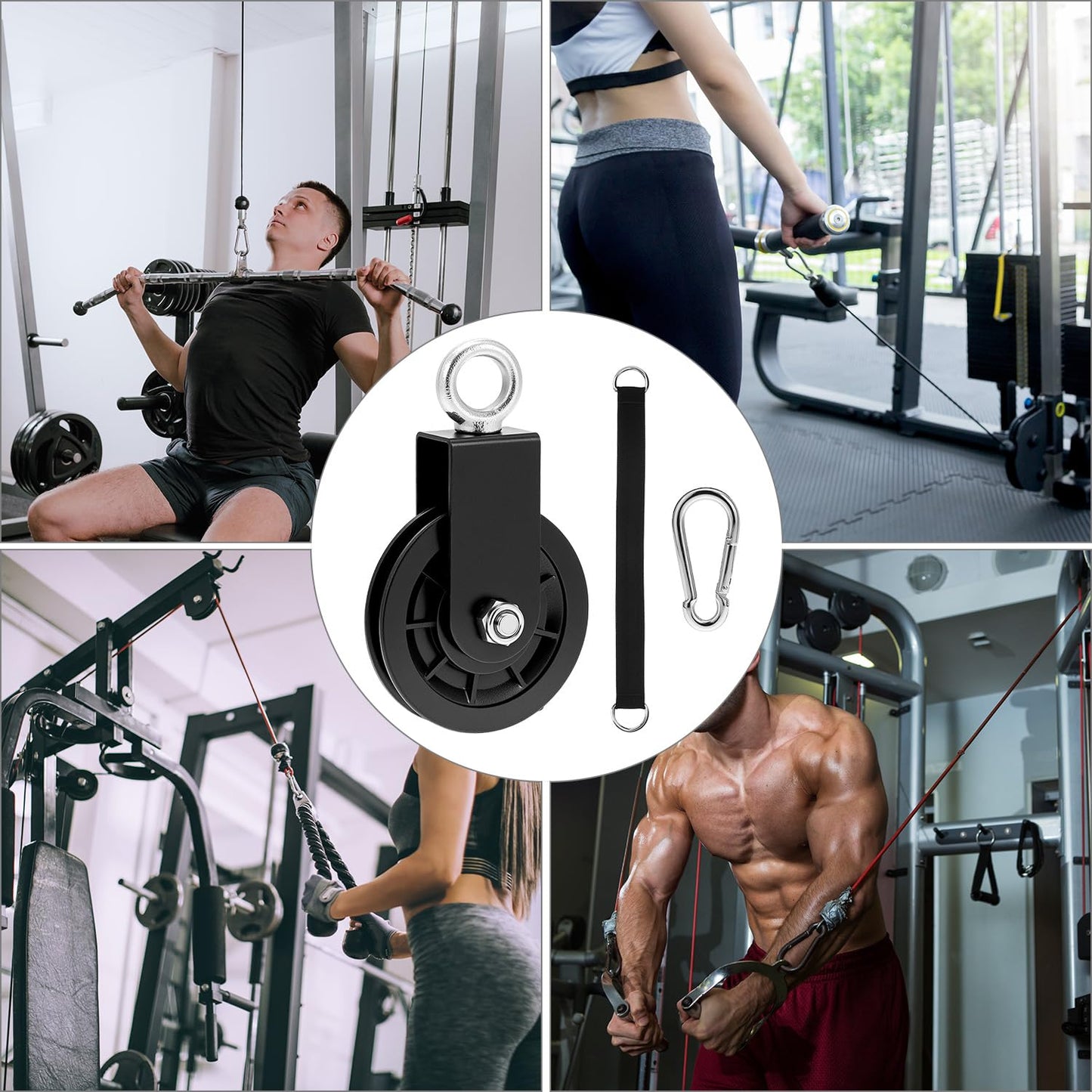 QWORK Gym Pulley Wheel Set, 2 Sets Cable Pulley with Swing Strap Carabiner – 330 lbs Capacity