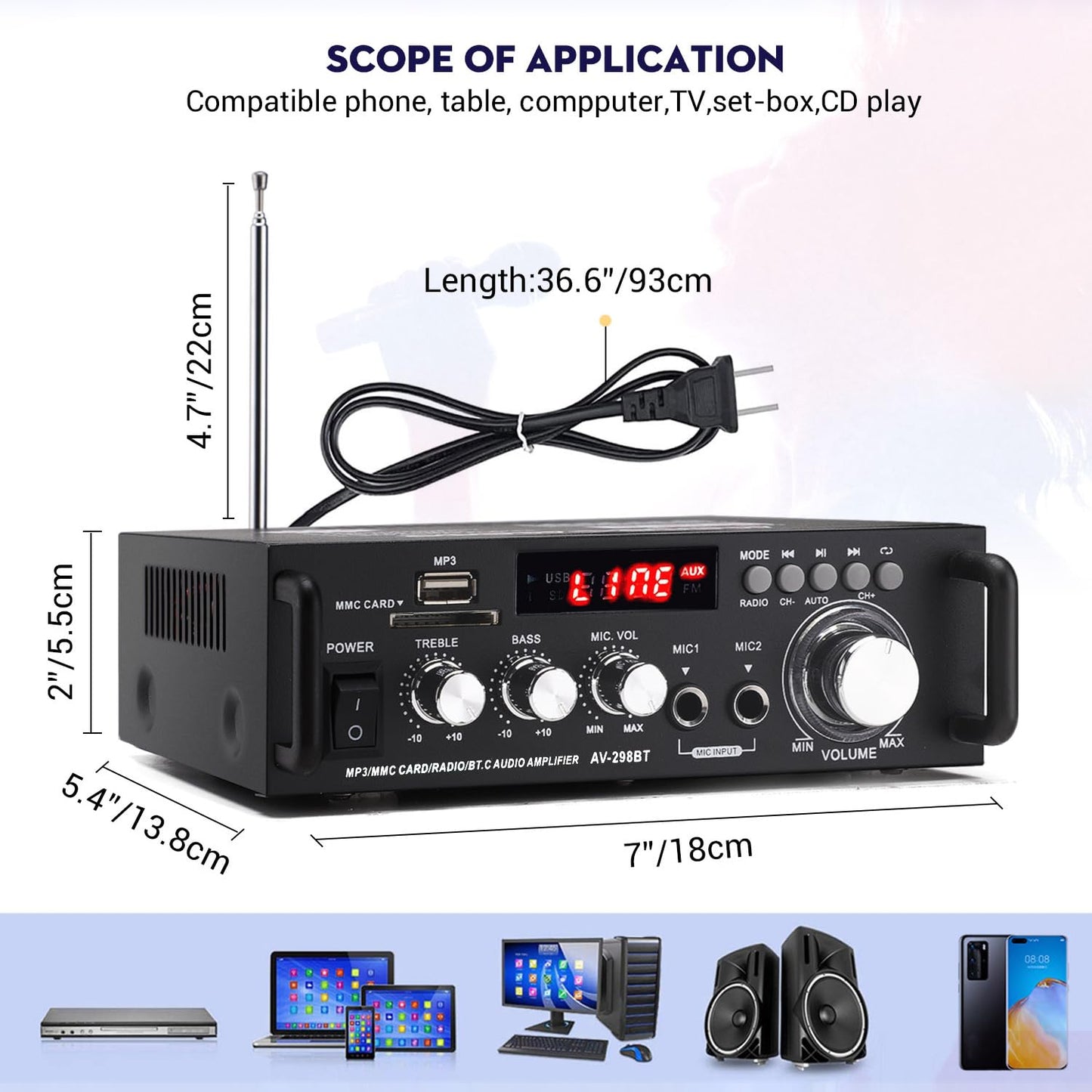 AV-298BT 600W 2 5.0 Stereo Audio Amplifier, Max Amp Channel Wireless Bluetooth Power Amplifier System, Home Amplifiers