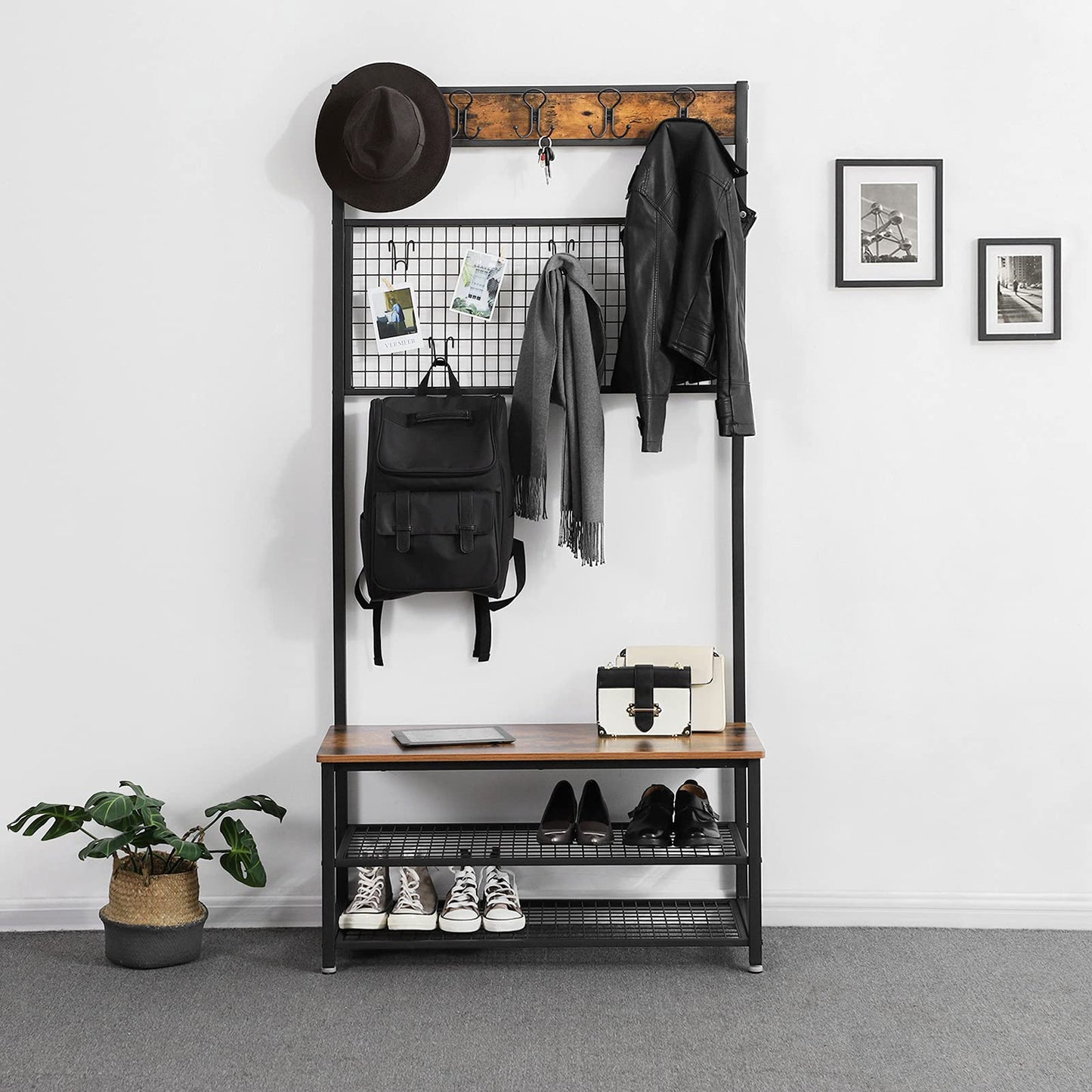 VASAGLE Industrial Coat Rack Stand, Shoe Rack Bench with Grid Memo Board, 9 Hooks and Storage Shelves, Hall Tree with Stable Metal Frame, Rustic Brown UHSR46BX