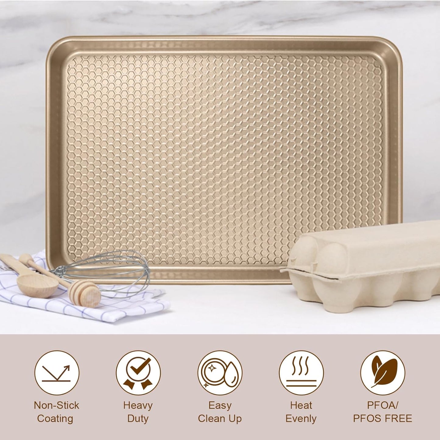 Wildone Baking Sheet Pan Set - Nonstick Honeycomb Embossed 15x10 Inch Cookie Sheets | Champagne Gold, 2 Pack