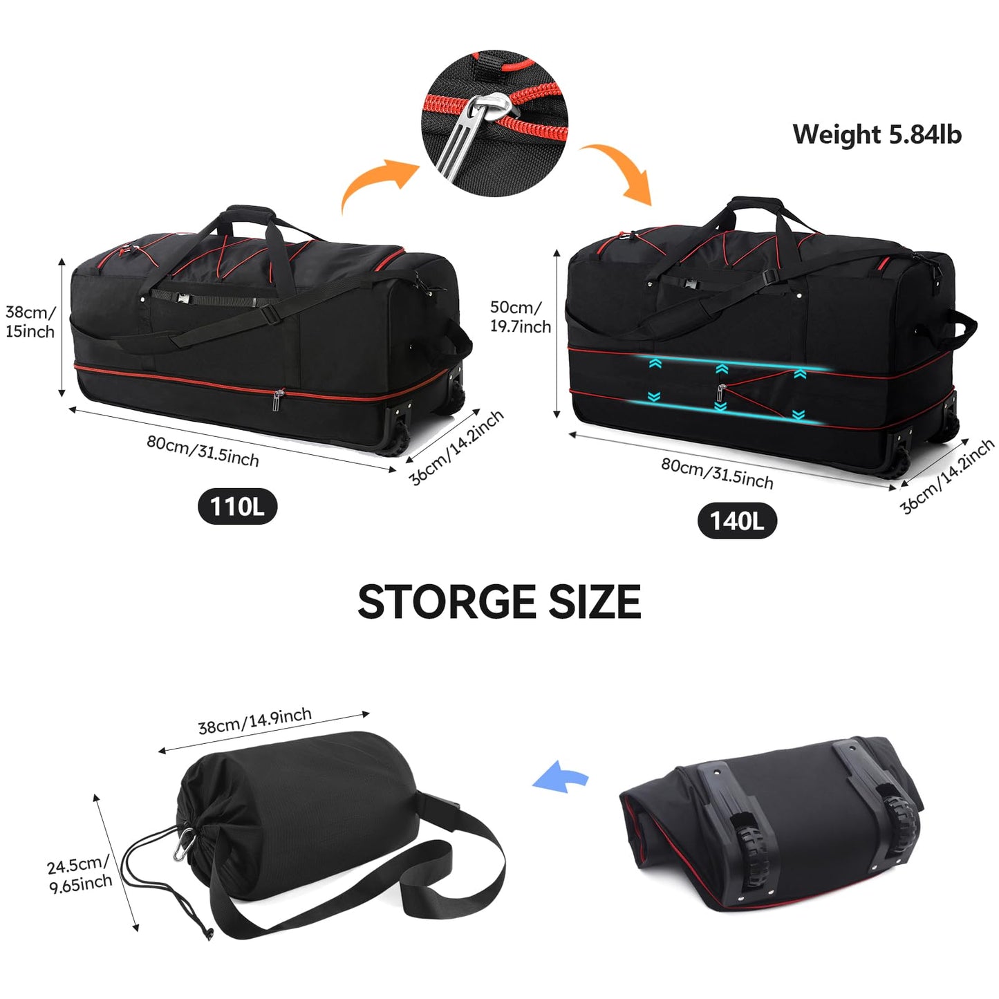 Morthanabag 32” 1680D Oxford Foldable Duffle Bag with 2 Wheels,110L to 140L Expandable Soft Sided Rolling Travel Bag,Black-red