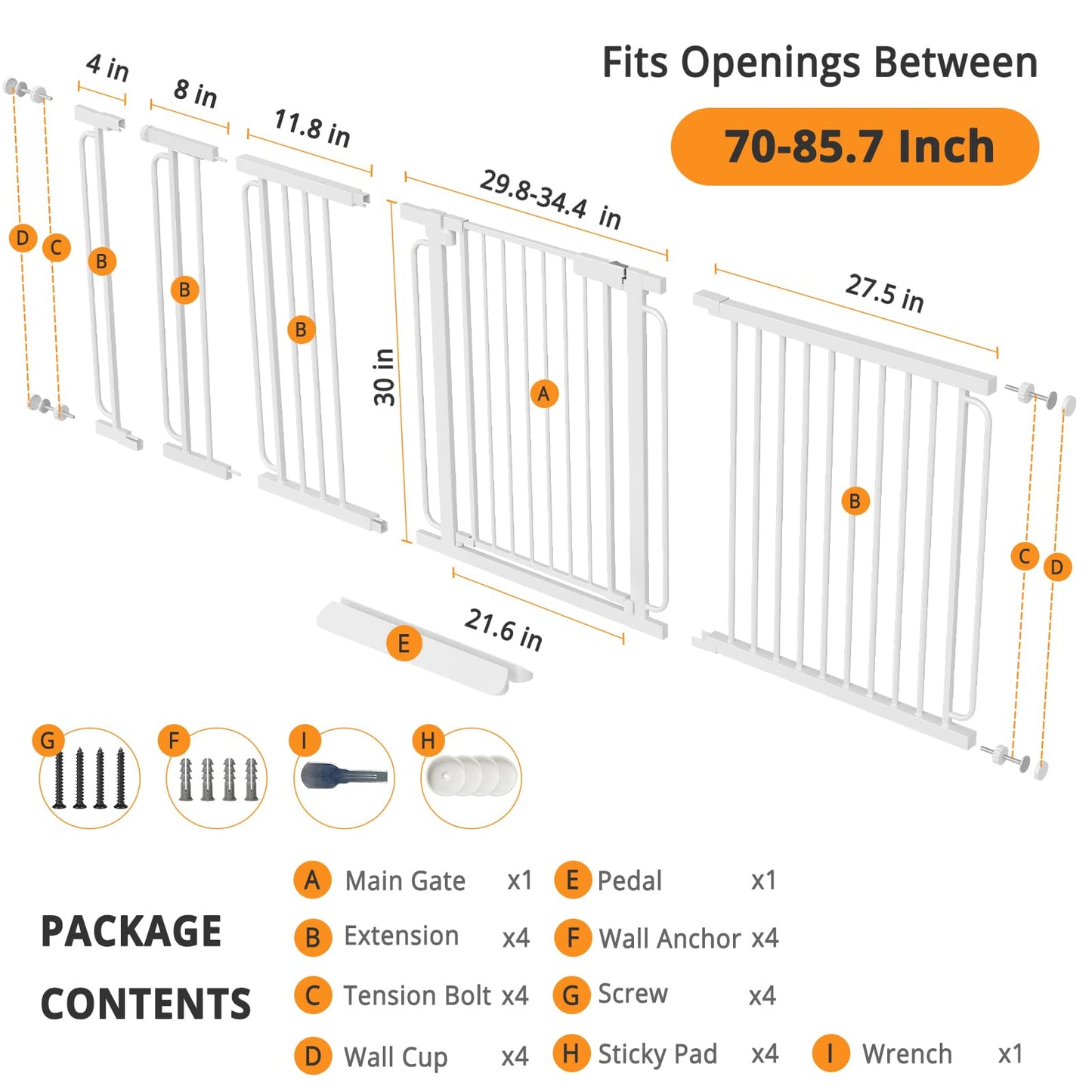 Extra Wide Baby Gate with Door 70-85.7 Inch Pressure Mounted, Auto Close Child Baby Gates for Doorways No Drill, Walk Through Dog Gate Indoor for The House, White