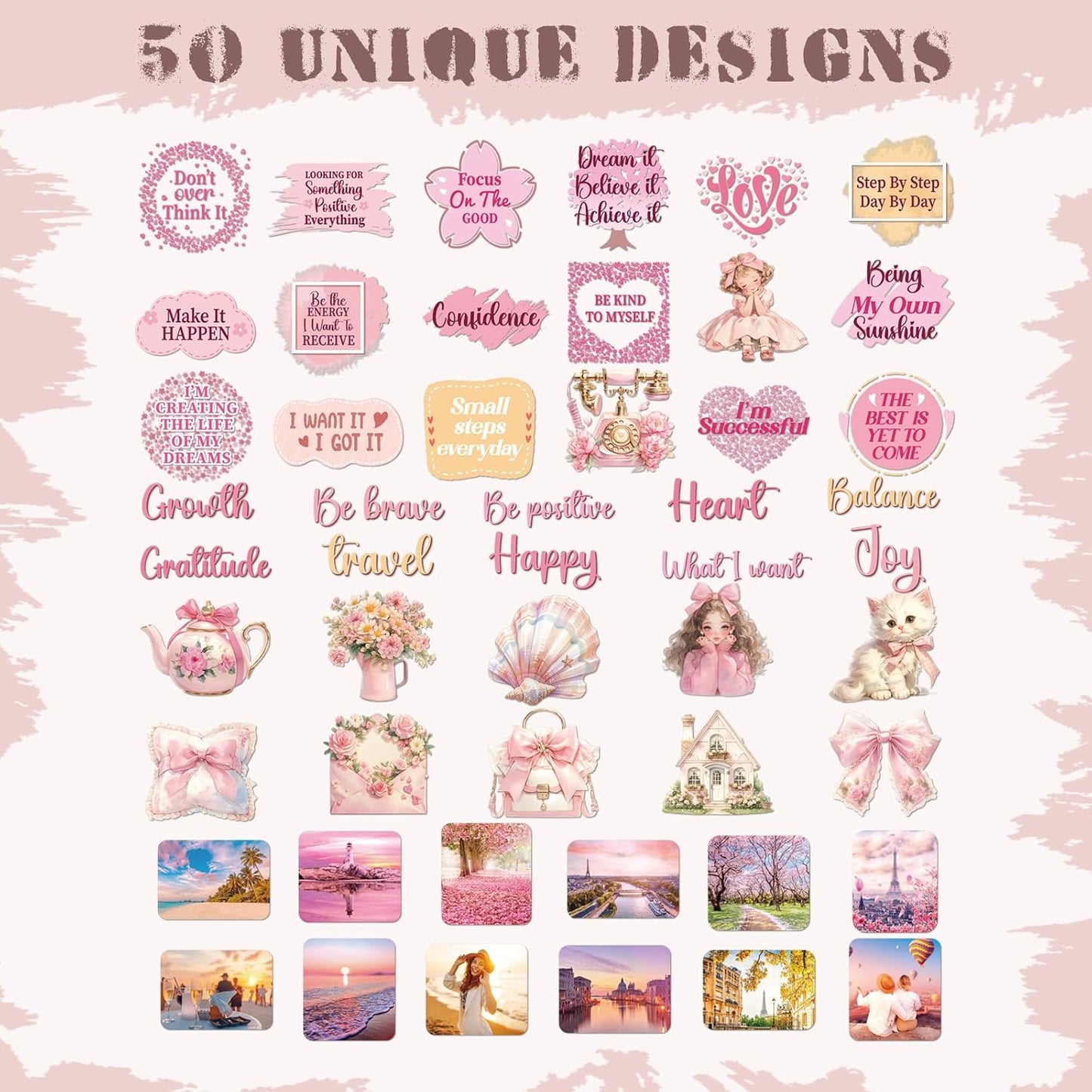 50 Pink Vision Board Stickers - Pcs Cute Aesthetic Travel Planner Scrapbooking Supplies Kit for Adults Women