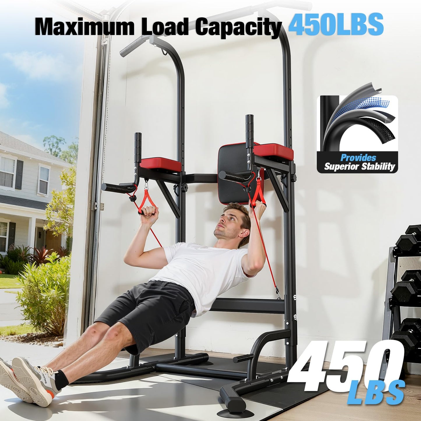 Dskeuzeew Pull Up Bar Free Standing for Multi-Function Home Gym Strength, Pull Up Dip Station Assistive Trainer Height Adjustable with Elastic Ropes, Power Tower Training Heavy-Duty Fitness Equipment