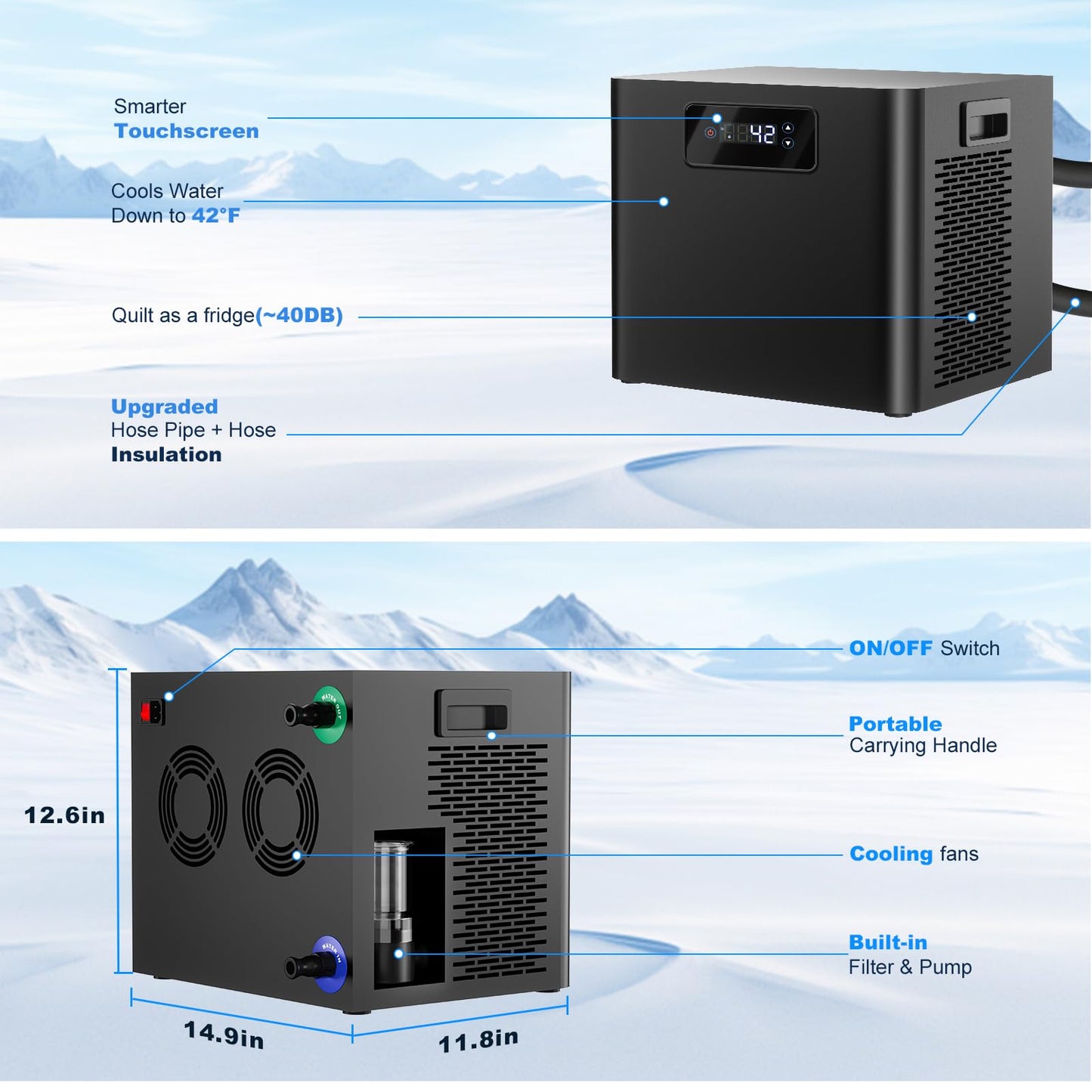 Ice Bath Water Chiller for Cold Plunge Tubs, 1/3HP Upgraded Cold Plunge Chiller with Built-in Pump & Filter, Submersible Pump, Insulated Hoses, Ideal for Cold Therapy Recovery Ice Bath Tubs 110V