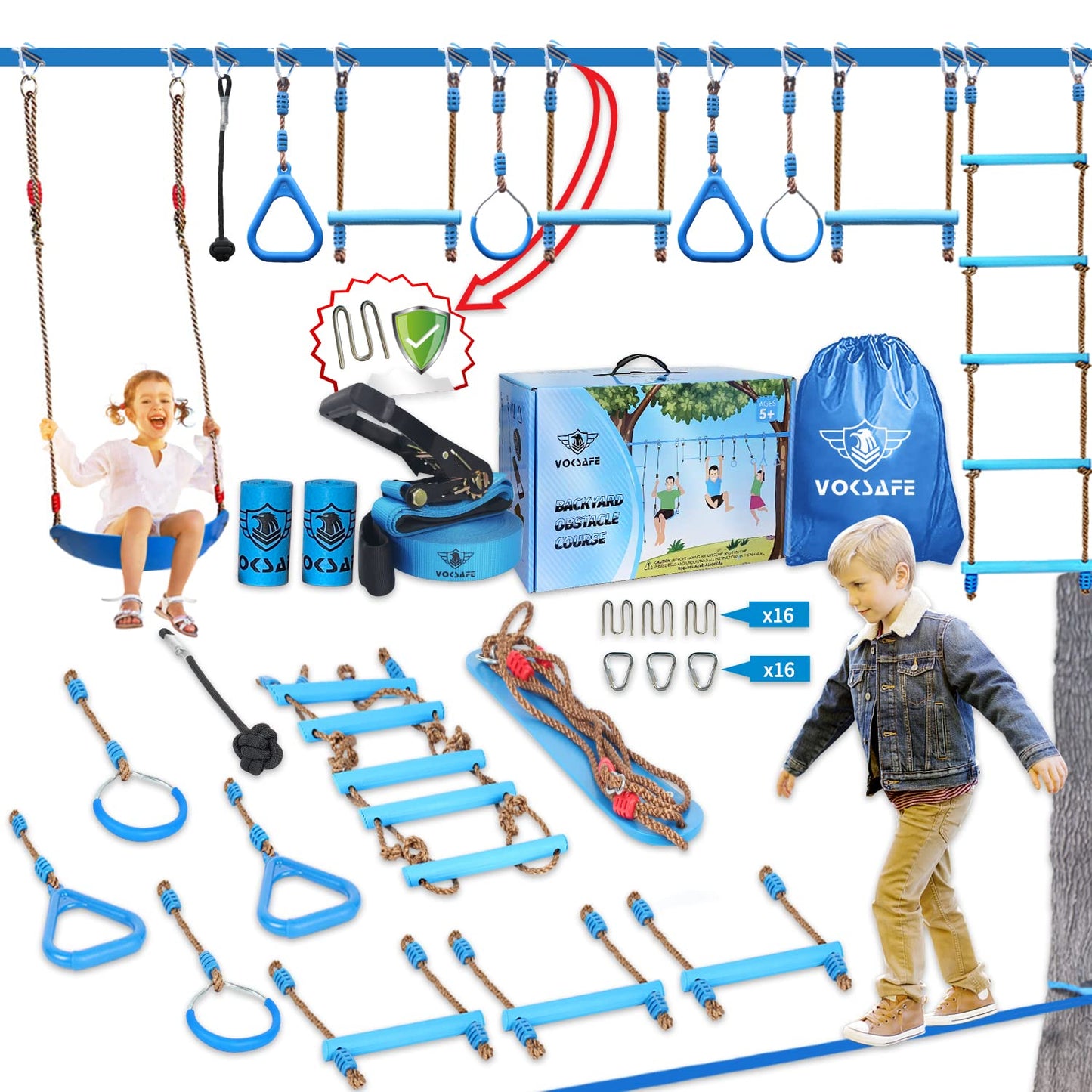 VOKSAFE Ninja Warrior Obstacle Course for Kids - Ninja Backyard Obstacle Course - 50' Weatherproof Outdoor Ninja Course Set with 10 Obstacles, Like Ladder, Swing