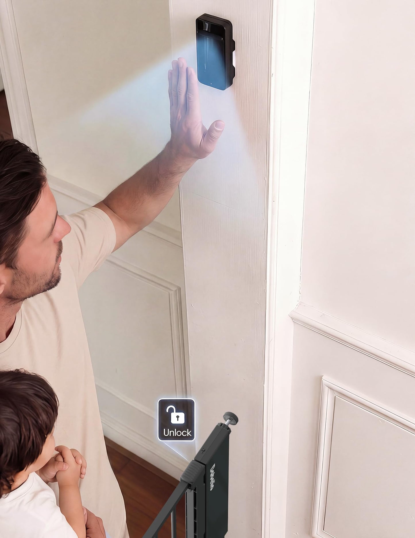 Babelio Smart Baby Gate with Auto-Unlock/Close, Pressure Mounted No Drill for Doorways/Top of Stairs. Pet/Dog Door Wide Walk Thru w/Infrared Sensor & Safety Alert (Black, 26.3-37.8" W, 30" H)