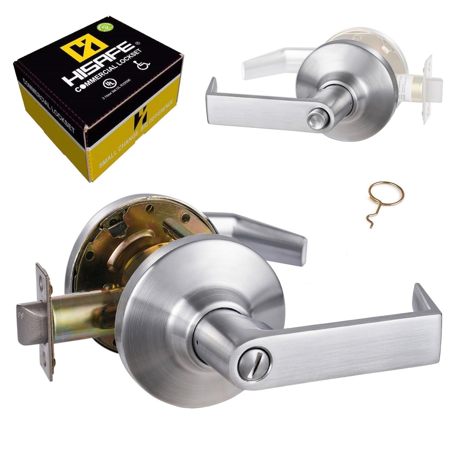 HISAFE Privacy Grade 1 Commercial Door Locks Heavy Duty Bathroom Door Lever, Non-Handed, UL 3 Hour Fire Rated, ADA Compliant, Brass Latch, 2-3/4''Backset, Satin Chrome 26D