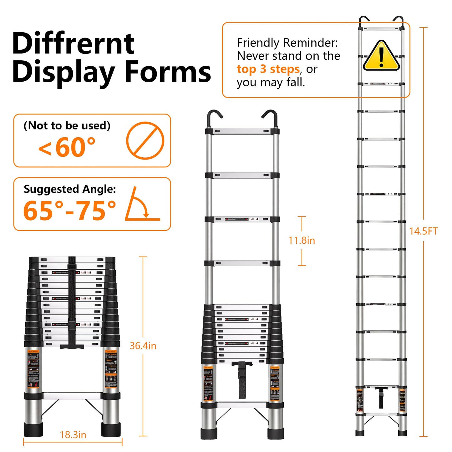 Telescoping Ladder 14.5 FT Stainless Steel Extension Ladder with 2 Detachable Hooks, Portable Multi-Purpose Collapsible Telescope Ladder for Home,RV,Outdoor Work,330lbs Max Capacity